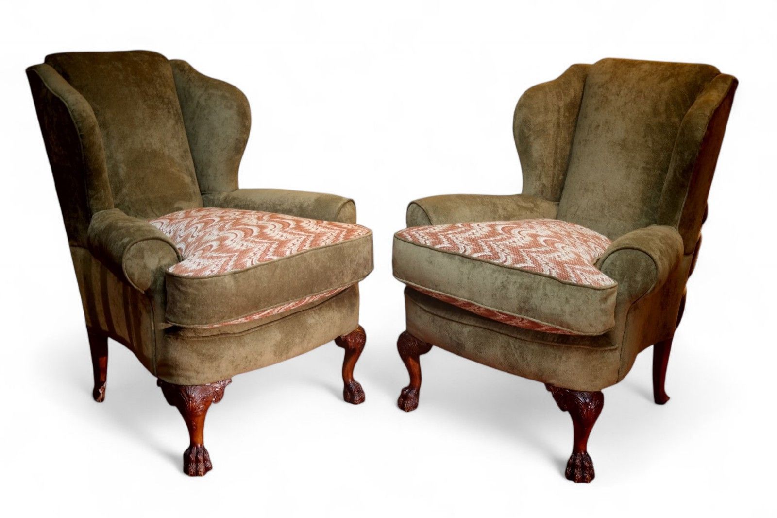 Superb Pair Victorian Style Ball & Claw Feet Wingback Armchairs Nobalis Bargello