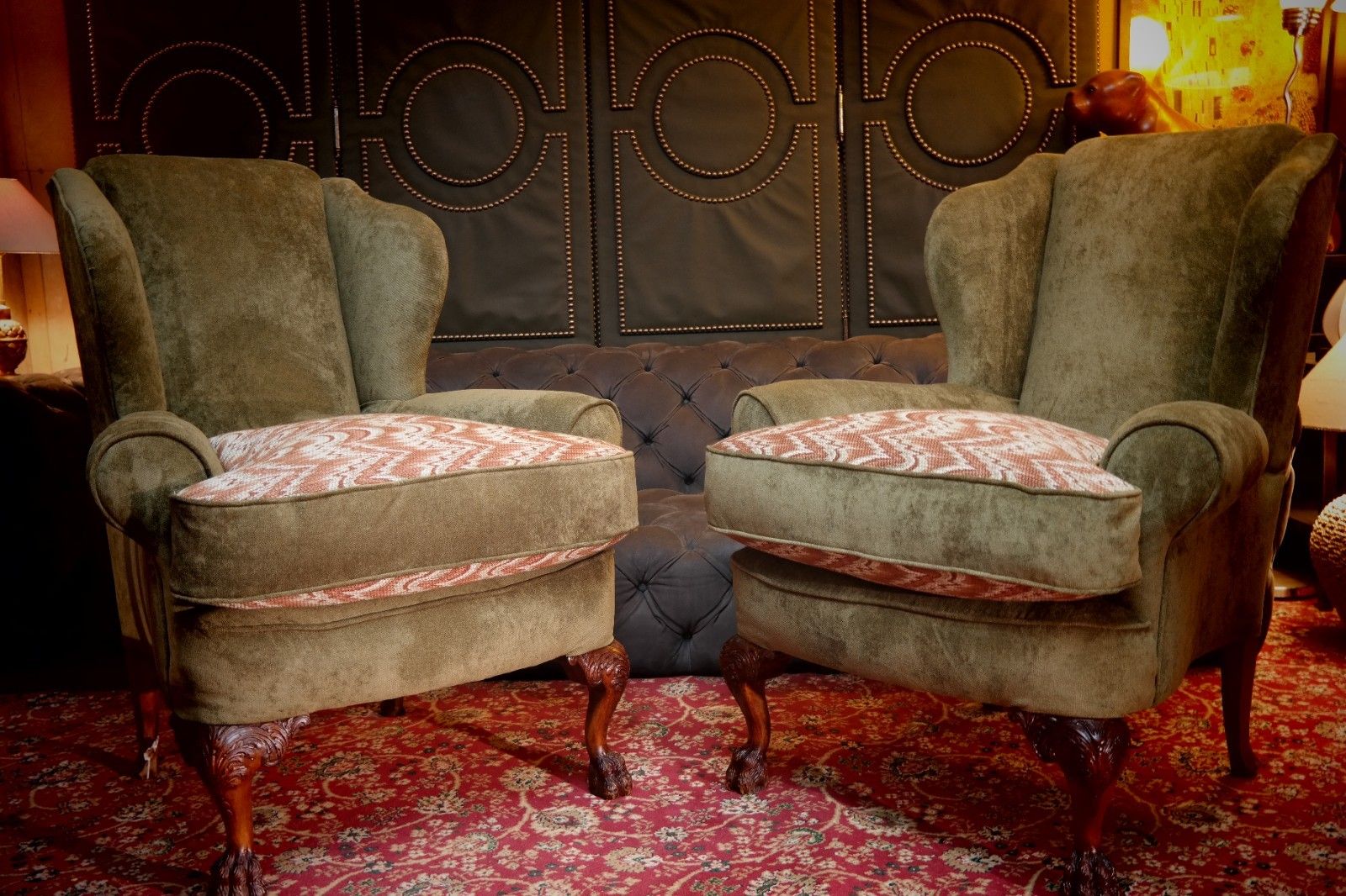 Superb Pair Victorian Style Ball & Claw Feet Wingback Armchairs Nobalis Bargello photo buy