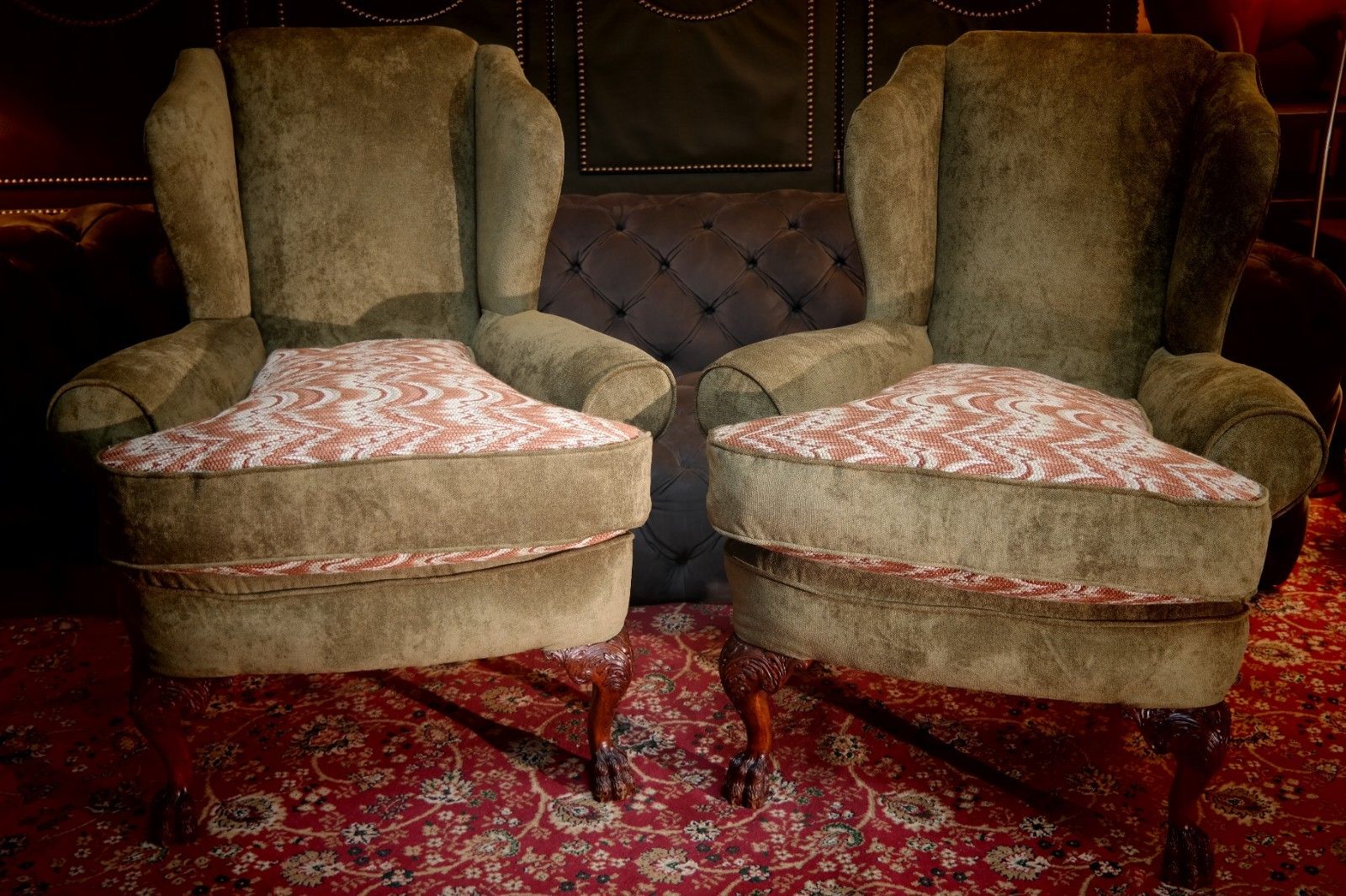 Furniture Superb Pair Victorian Style Ball & Claw Feet Wingback Armchairs Nobalis Bargello photo
