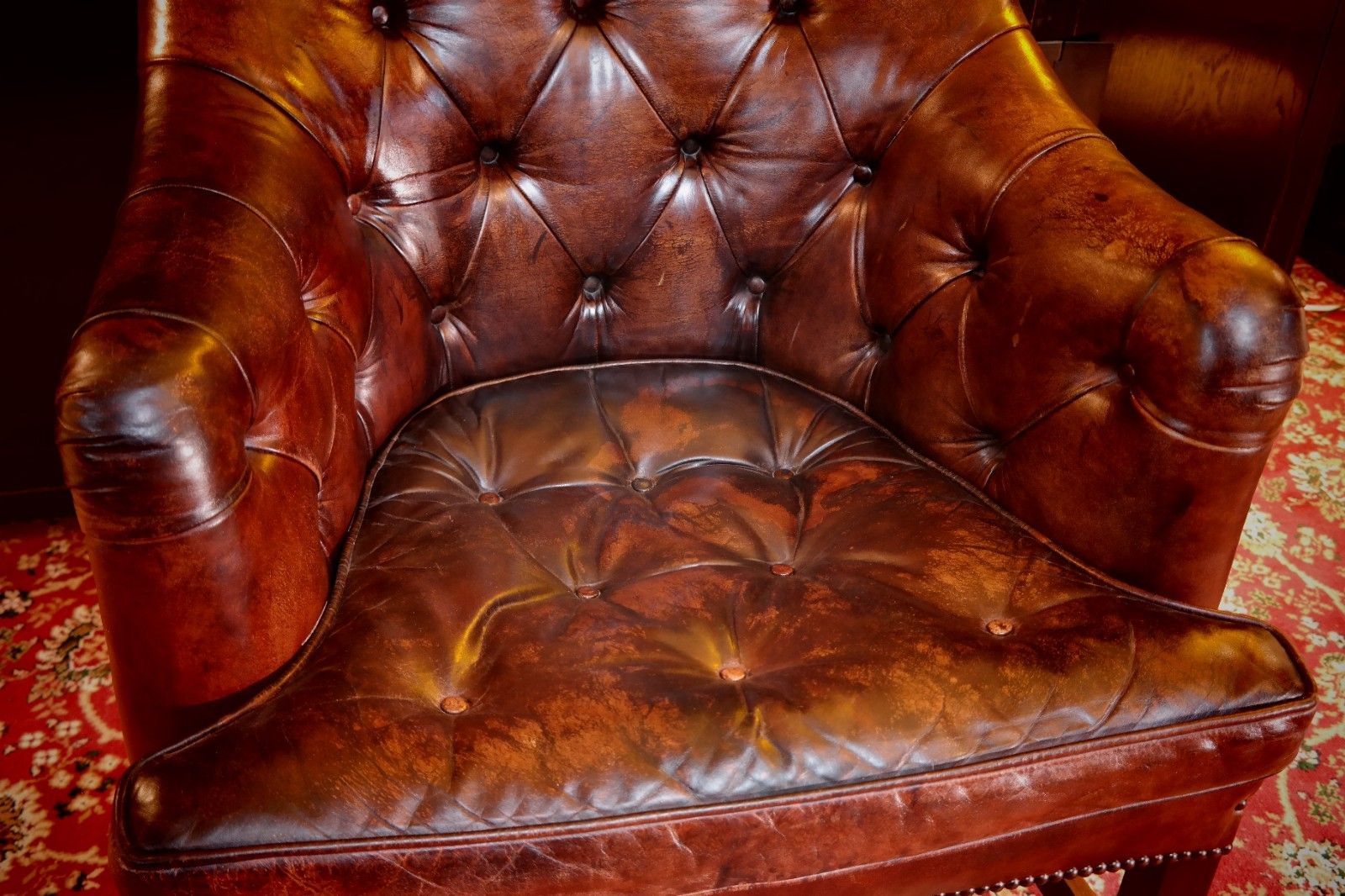 photo vinterior Stunning George Smith Desk Armchair & Round Footstool Mahogany Leather Del 🚚🚚