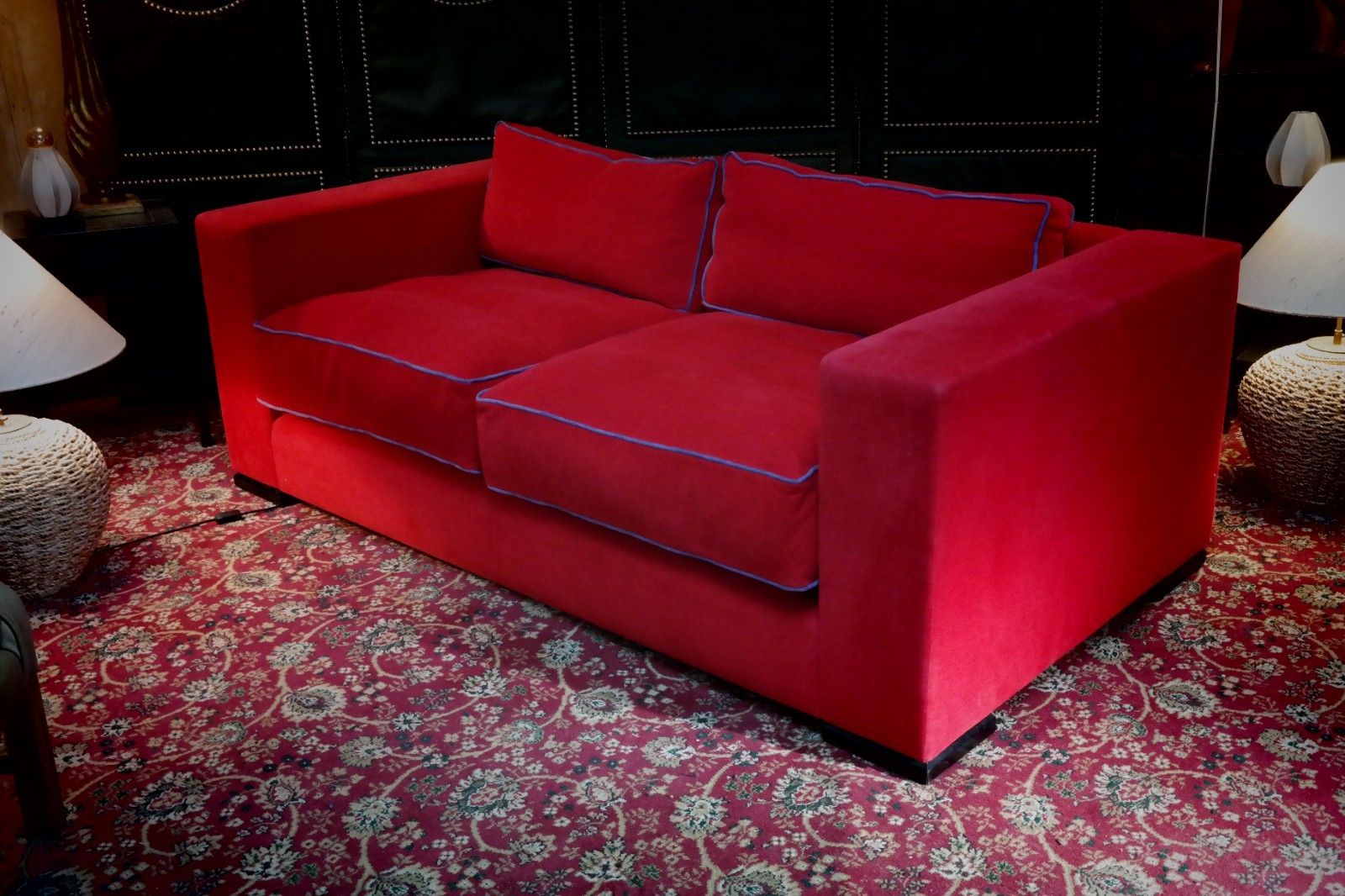 Stunning George Smith Square Club Large 2 Seater Sofa Red Woven Fabric Rrp£9000 photo vintage