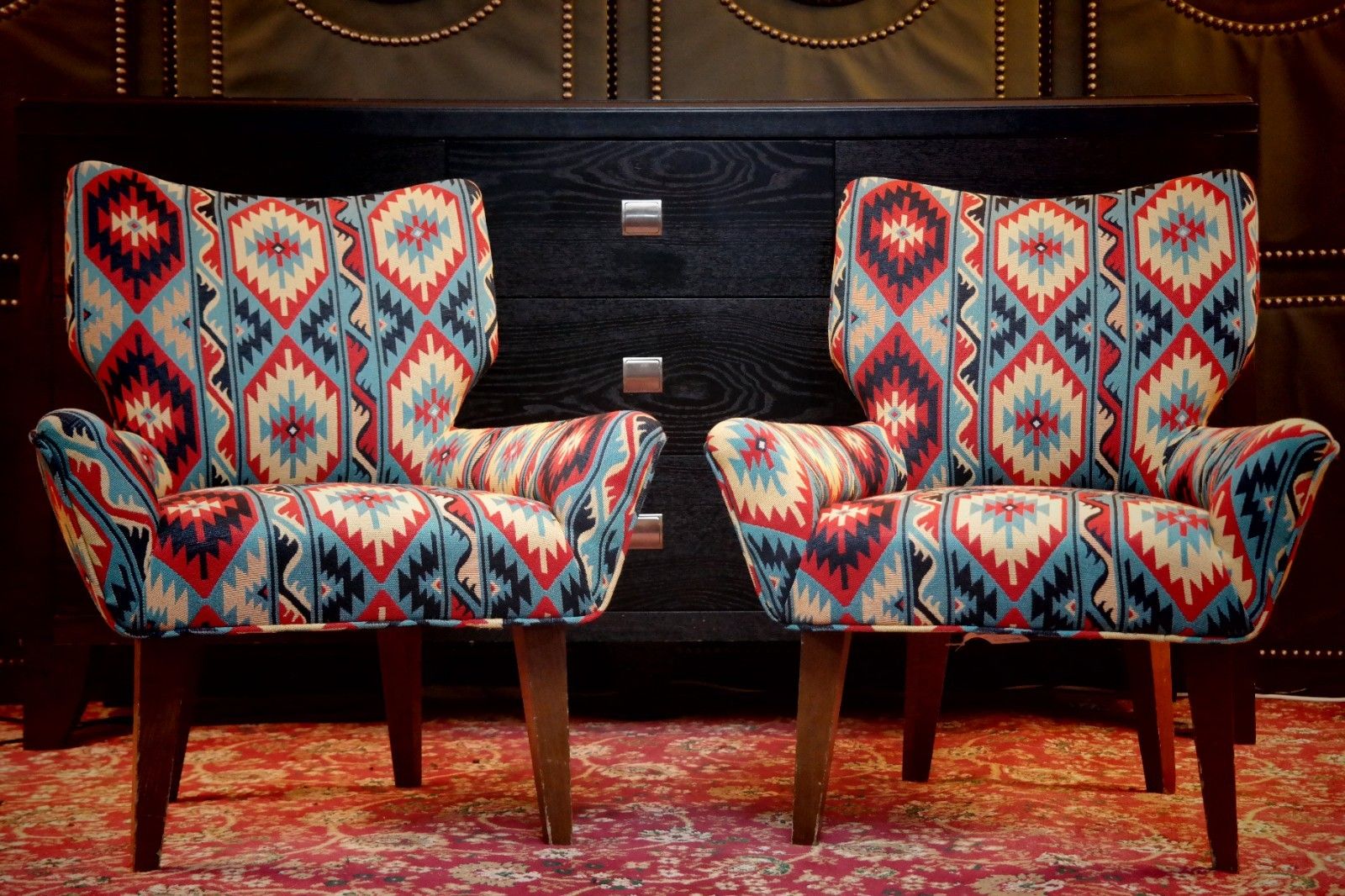 Pair George Smith Bedroom Nursing Kilim Under Wndow Armchairs Blue Red Rrp£11600 photo Furniture