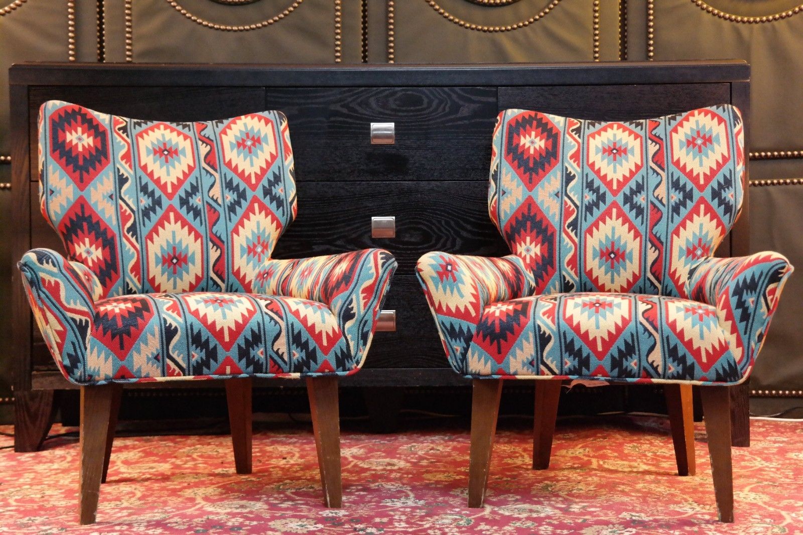 Pair George Smith Bedroom Nursing Kilim Under Wndow Armchairs Blue Red Rrp£11600 photo 2800.0