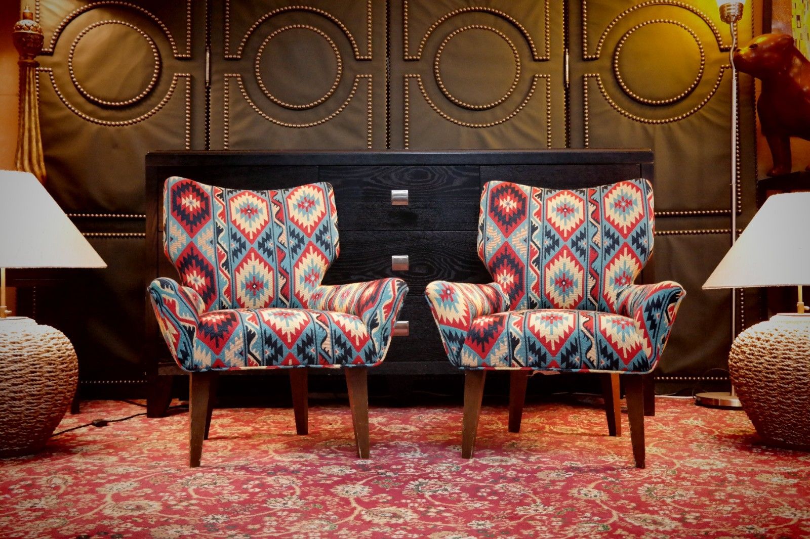 Pair George Smith Bedroom Nursing Kilim Under Wndow Armchairs Blue Red Rrp£11600 photo vinterior