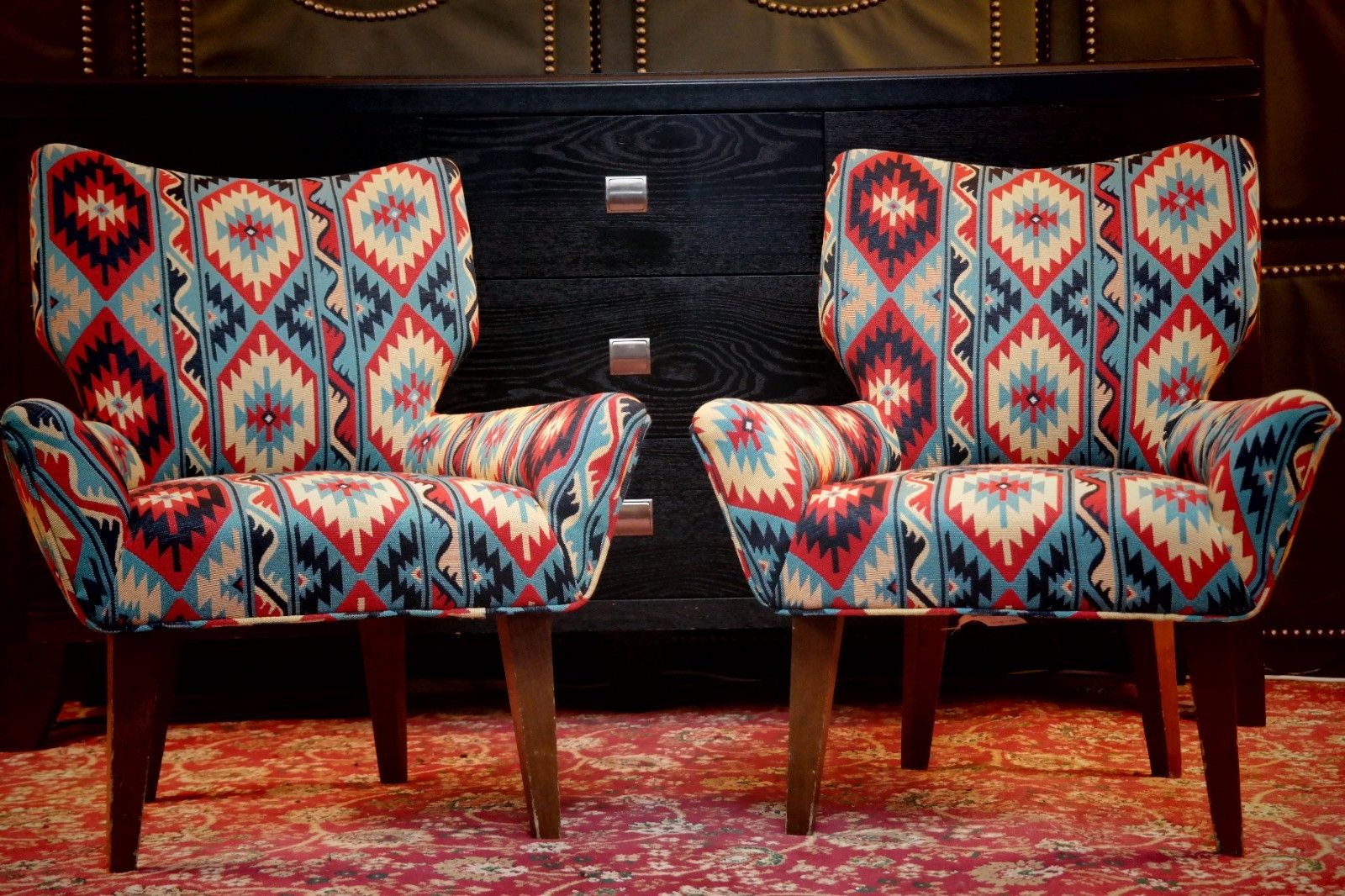 Pair George Smith Bedroom Nursing Kilim Under Wndow Armchairs Blue Red Rrp£11600 photo vintage