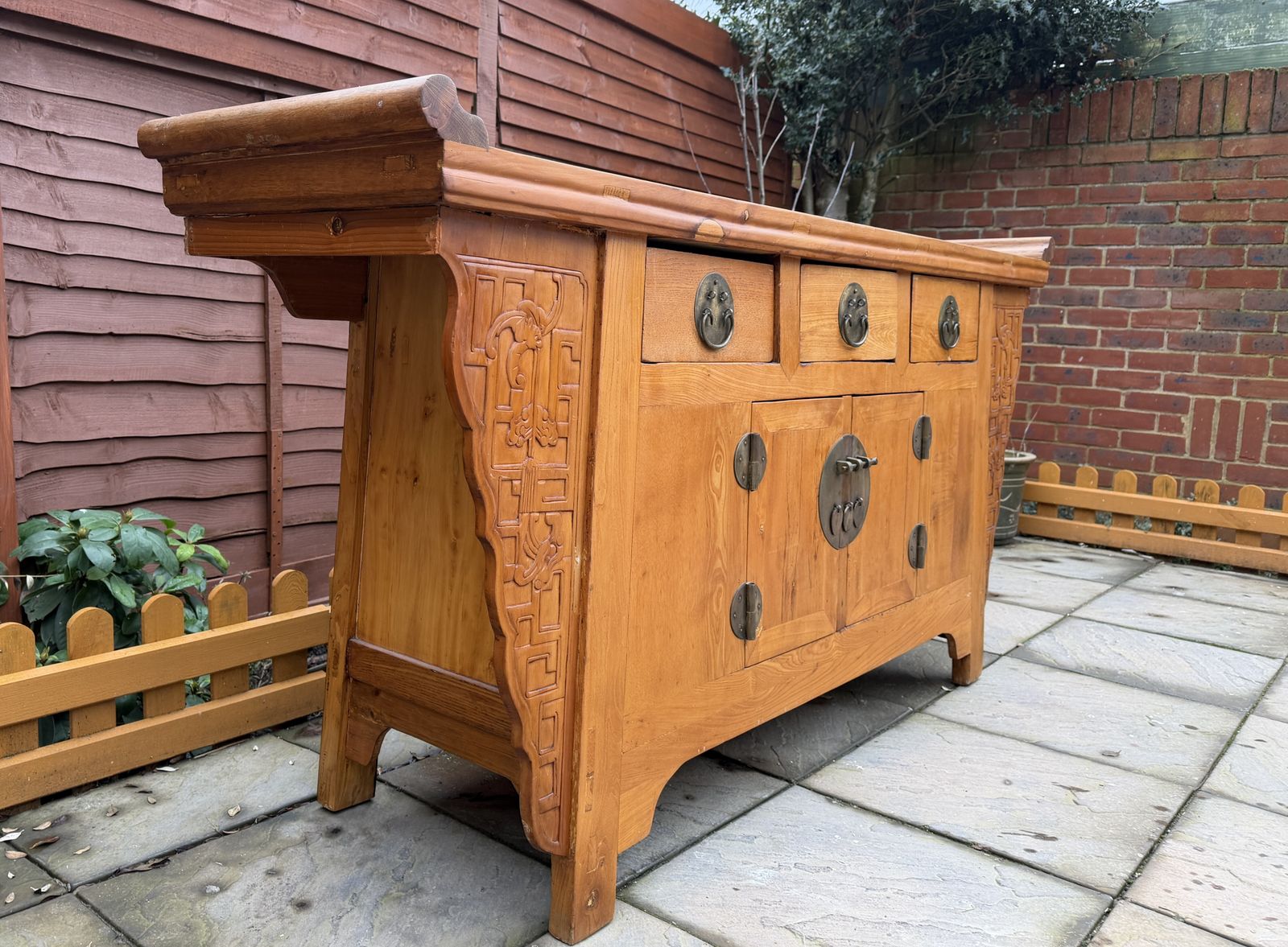 19th Century Qing Dynasty Style Natural Wood Carved Spandrel Sideboard – Good Condition photo buy
