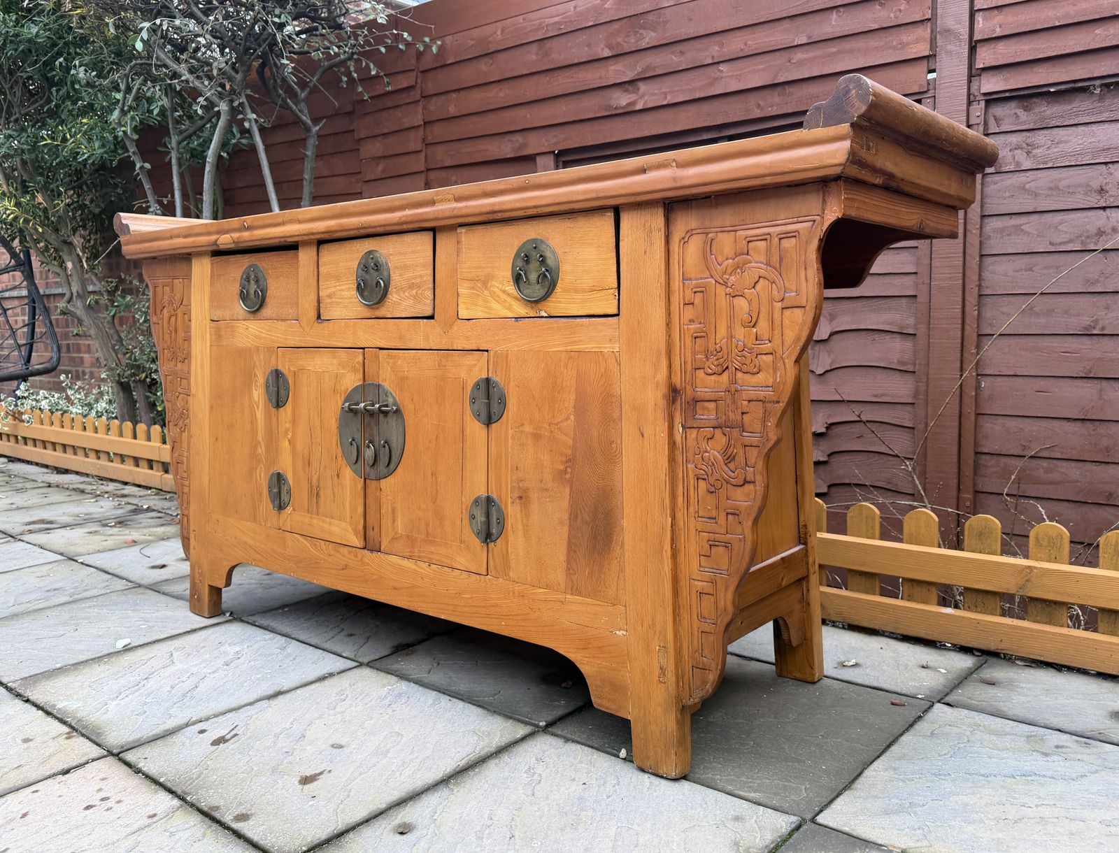 450.0 19th Century Qing Dynasty Style Natural Wood Carved Spandrel Sideboard – Good Condition photo