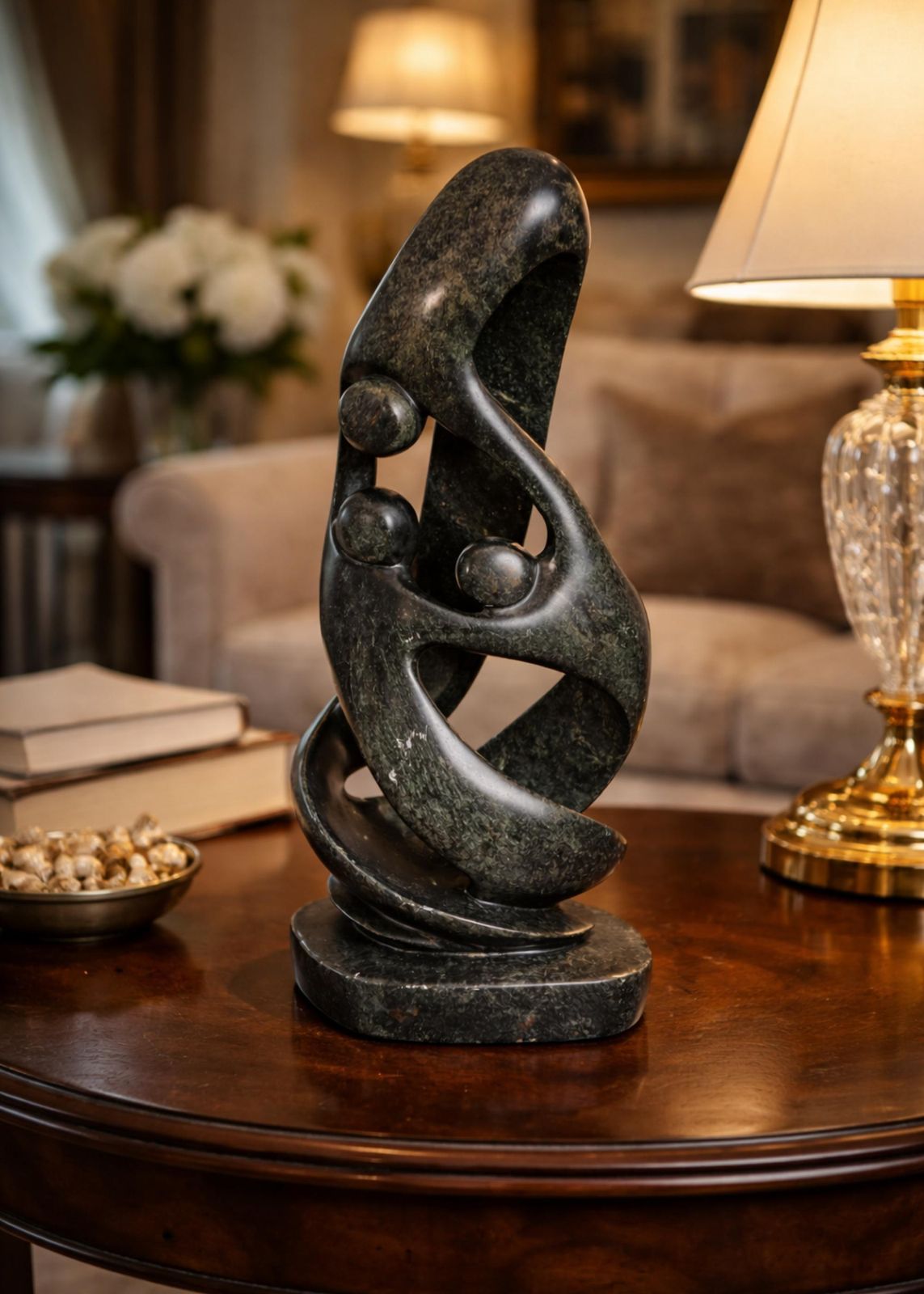 Large Contemporary Carved Stone Family Sculpture On Plinth, Modern Abstract Art photo furniture