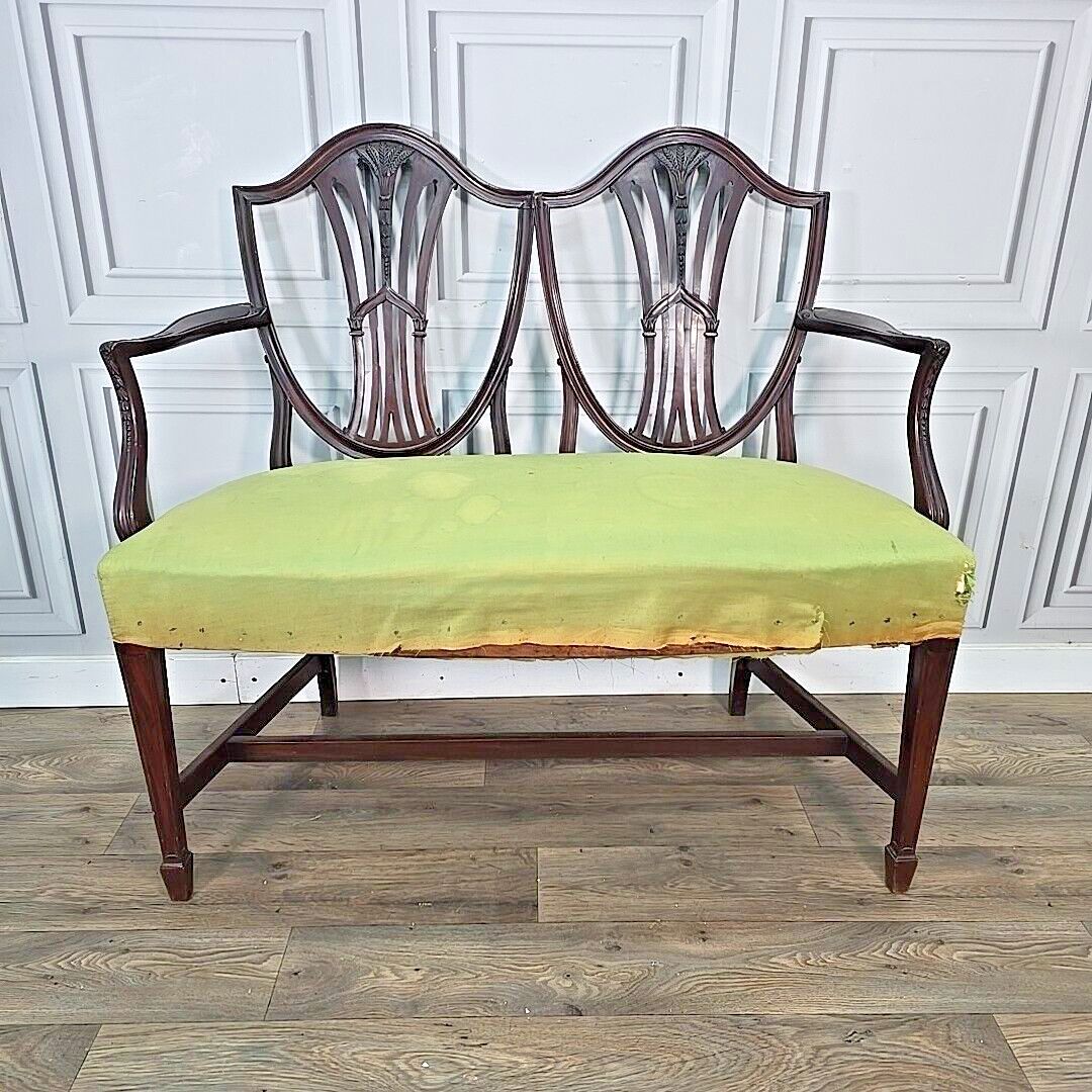 Antique Mahogany Double Chair Salon Settee Hepplewhite Sheraton Revival Shield photo furniture