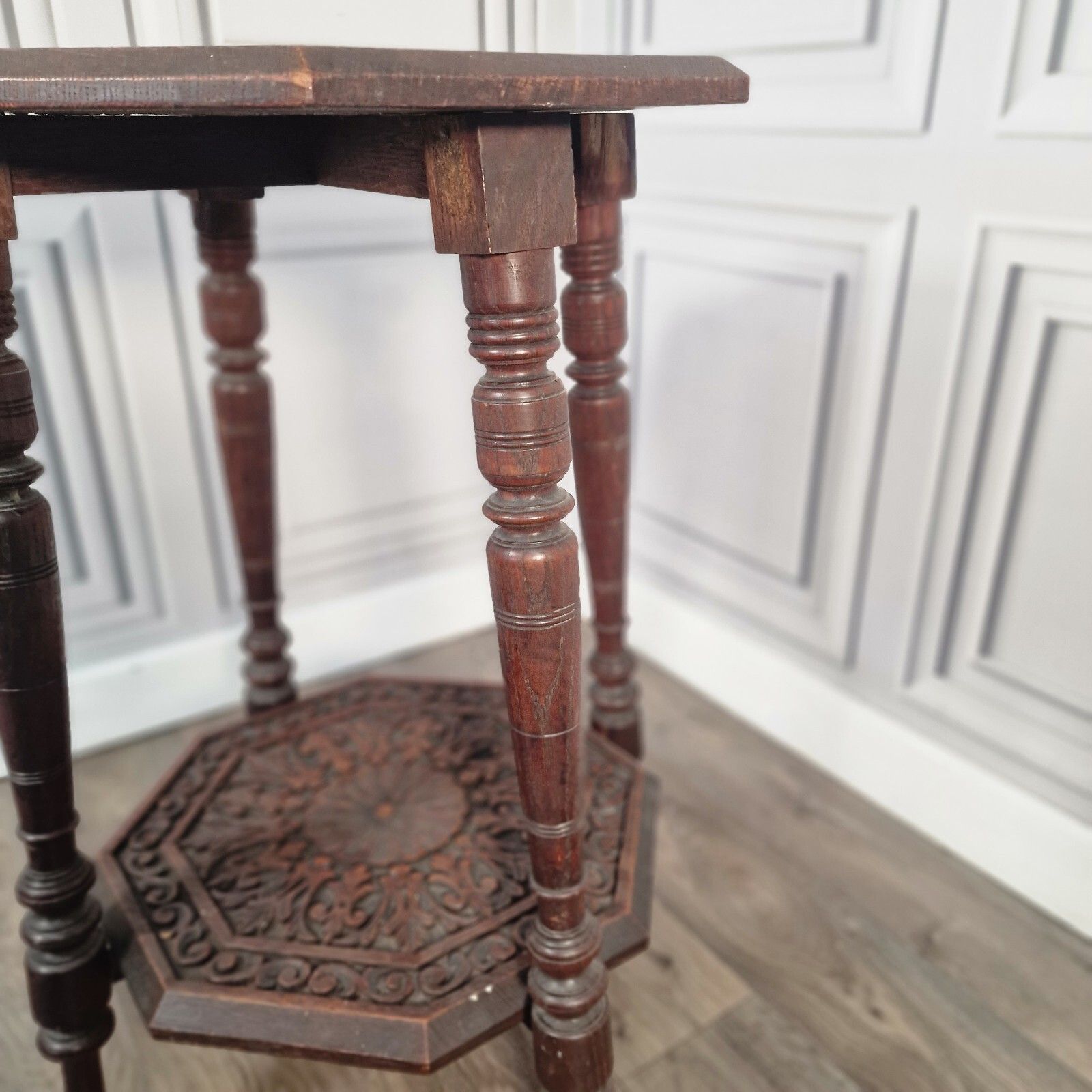 photo for sale Antique Octagonal Table Solid Wooden Edwardian Style Carved Hall On Turned Legs