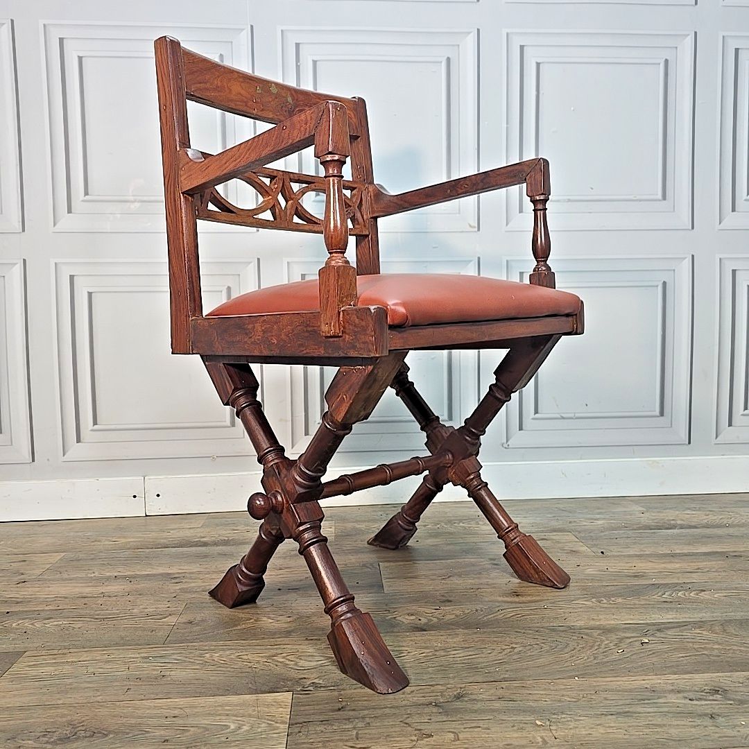Vintage Campaign Style Chair Wooden X Frame Armchair – Brass Detail Desk Seat