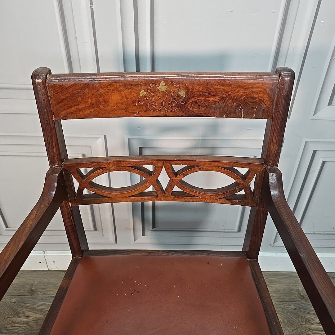 Vintage Campaign Style Chair Wooden X Frame Armchair – Brass Detail Desk Seat photo vinterior