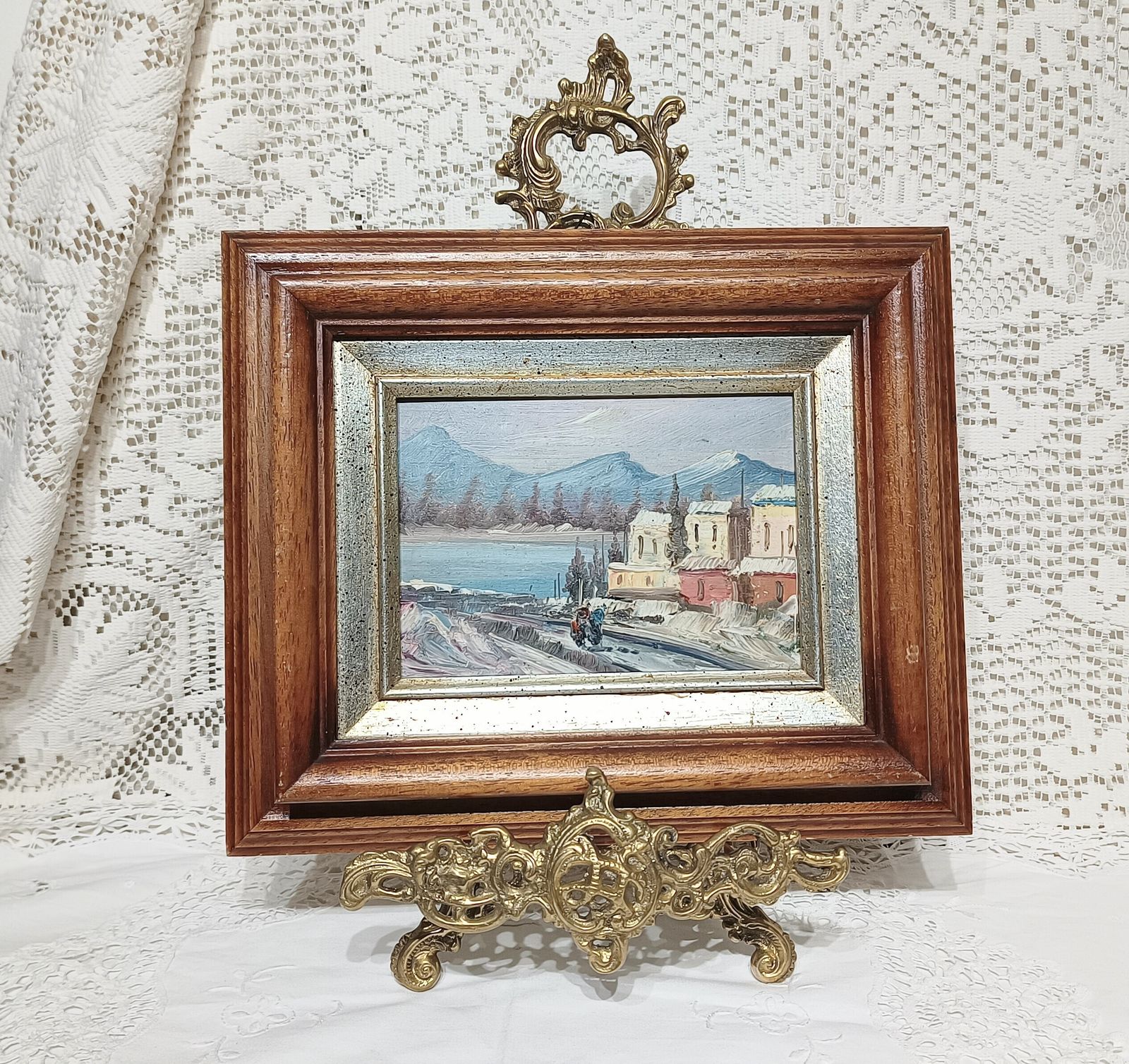 Small Oil Painting Mountain Village Landscape Imprestionist Style Framed. photo furniture
