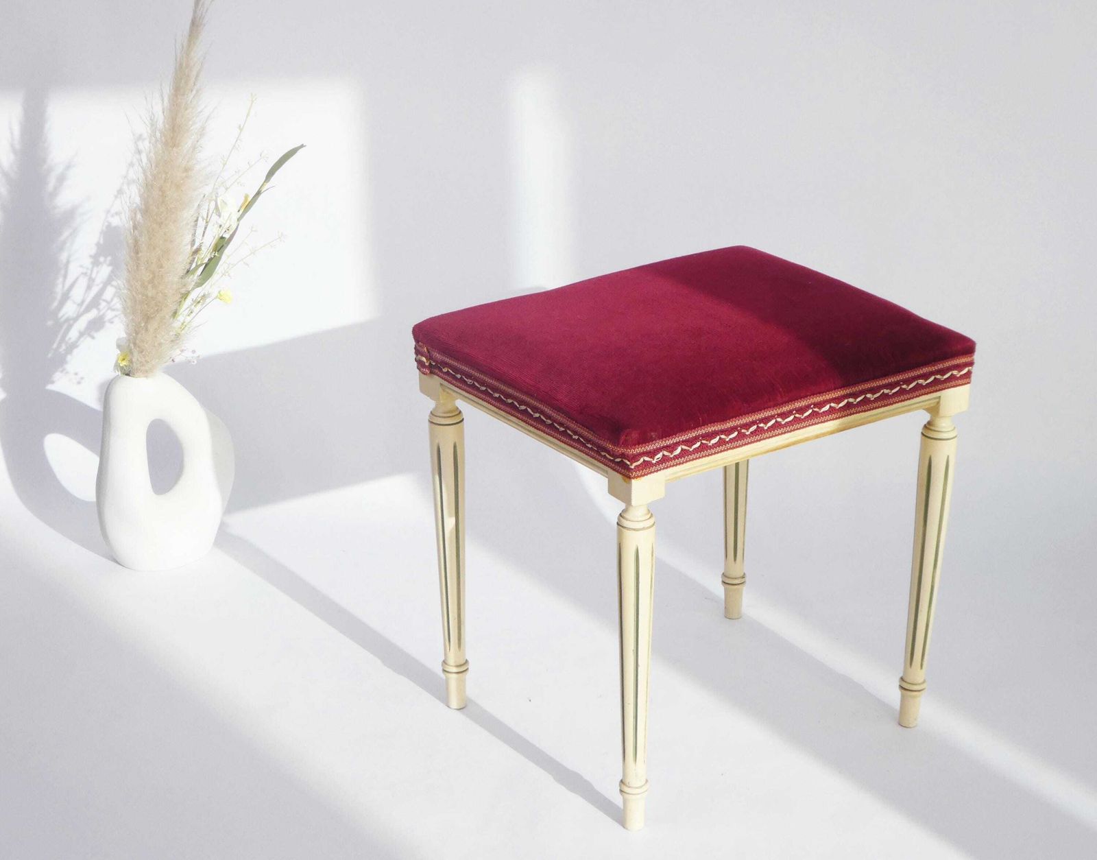French Louis XVI Style Wooden Bench With Red Velvet, Carved Small Stool