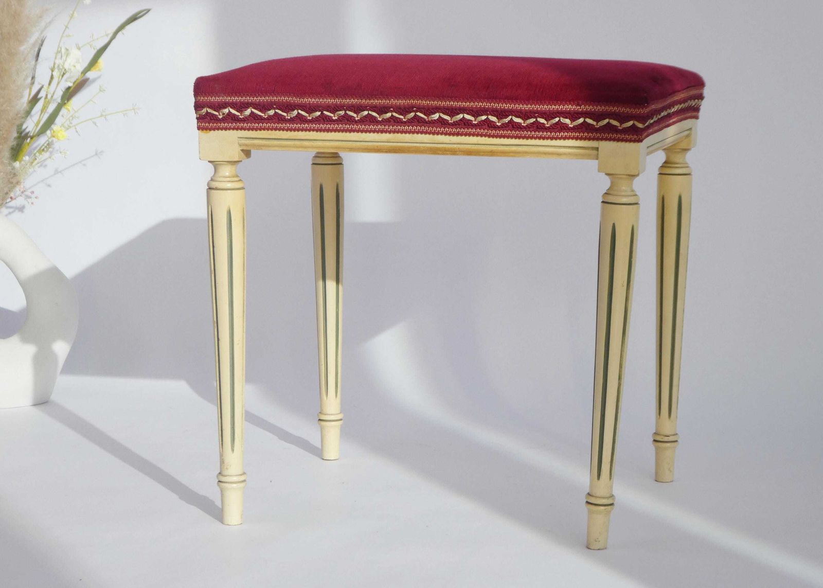 French Louis XVI Style Wooden Bench With Red Velvet, Carved Small Stool photo 318.0