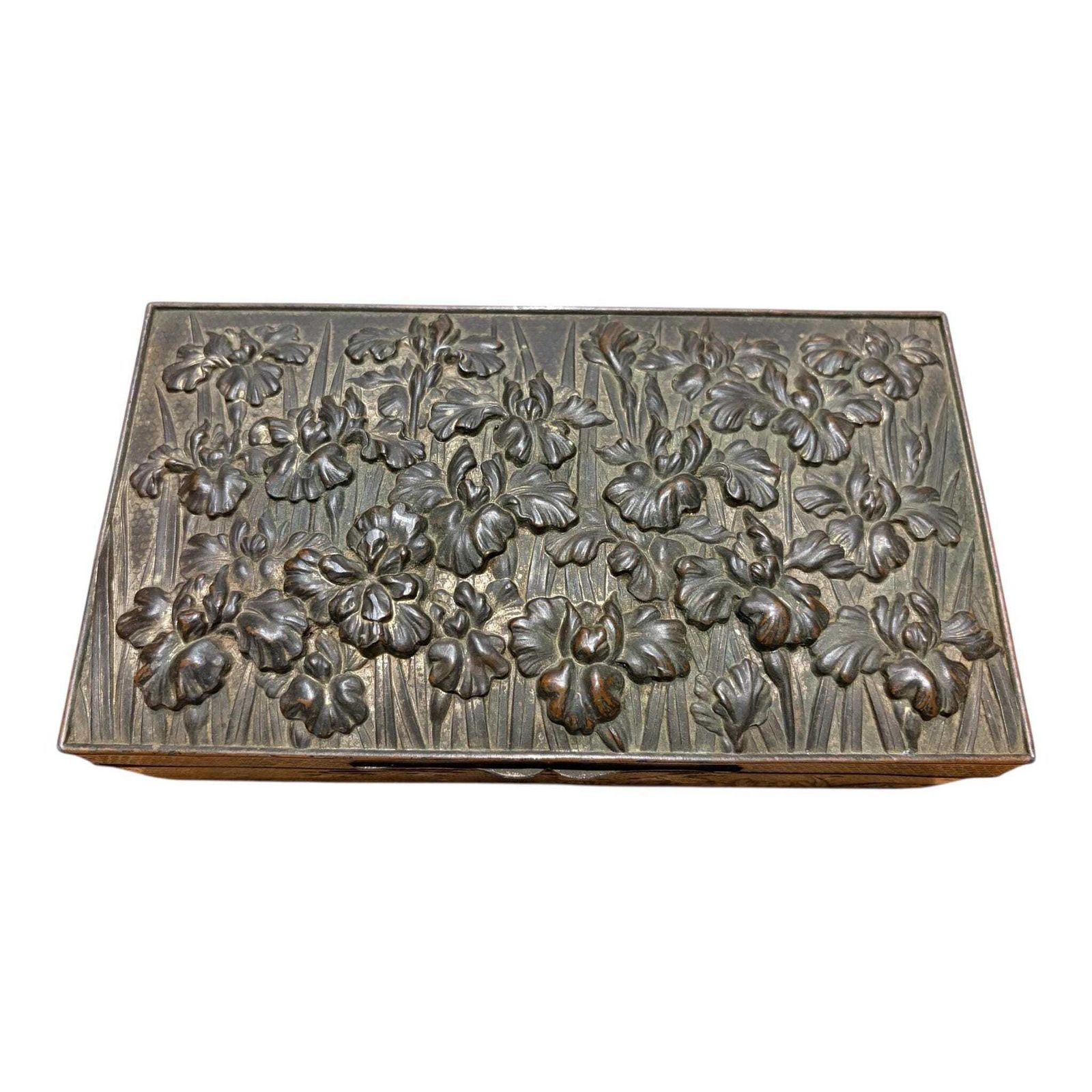 Late Victorian Spelter Box, Gilt Iris Decorative Keepsake Box, Antique Desk Or Memory Box C.1900 photo for sale
