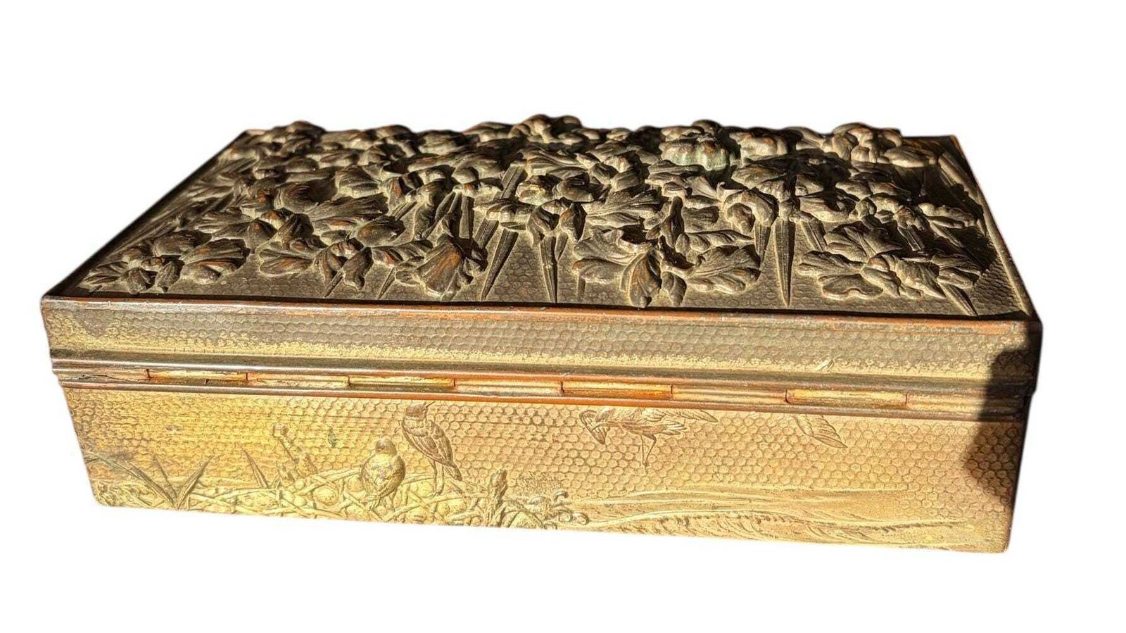 Late Victorian Spelter Box, Gilt Iris Decorative Keepsake Box, Antique Desk Or Memory Box C.1900 photo vintage