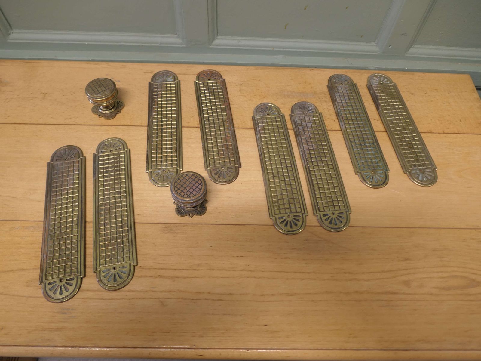 A Set Of Heavy Arts And Crafts Brass Door Finger Plates And Knobs