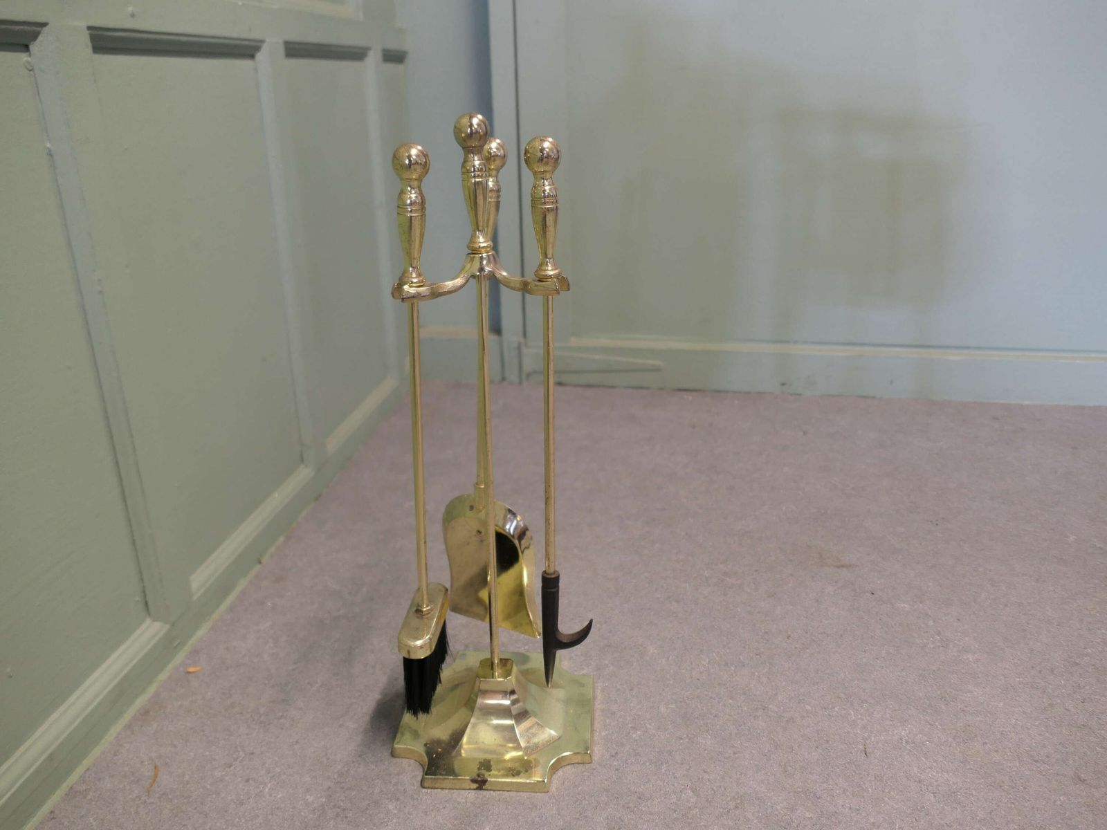 3 Piece Brass Fireside Companion Set, Fireside Tools On Stand photo for sale