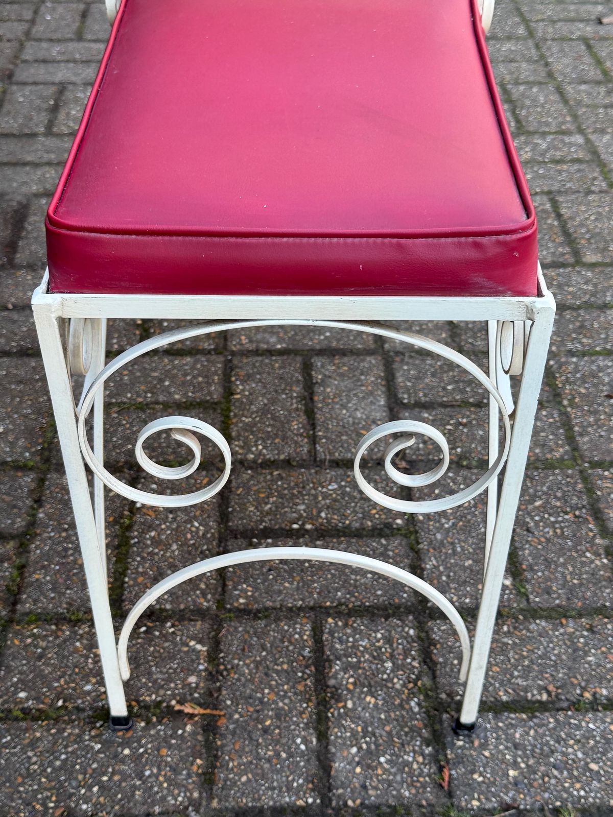 375.0 Vintage Cream Scrollwork, Wrought Iron Telephone Table With Red Vinyl Seat And Smoky Glass Shelves, Mid Century Hallway Accent Furniture photo
