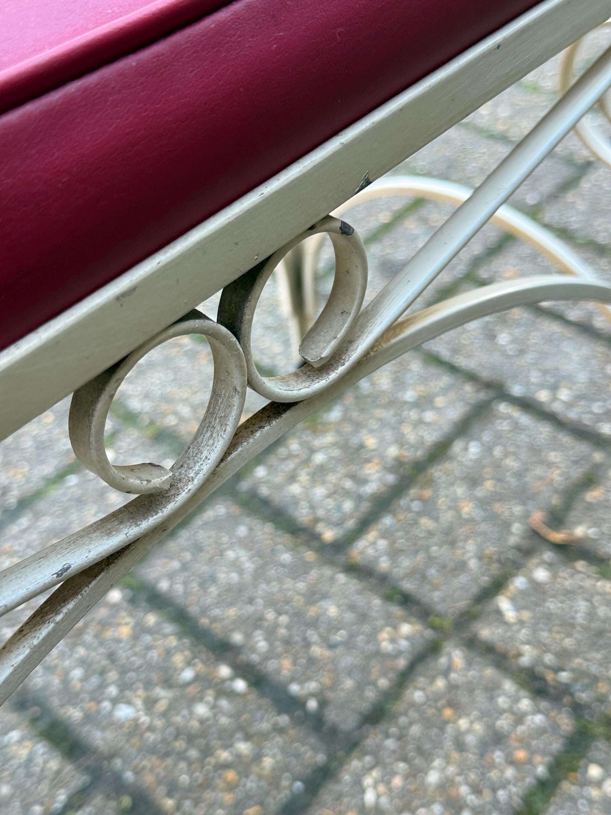 photo vintage Vintage Cream Scrollwork, Wrought Iron Telephone Table With Red Vinyl Seat And Smoky Glass Shelves, Mid Century Hallway Accent Furniture