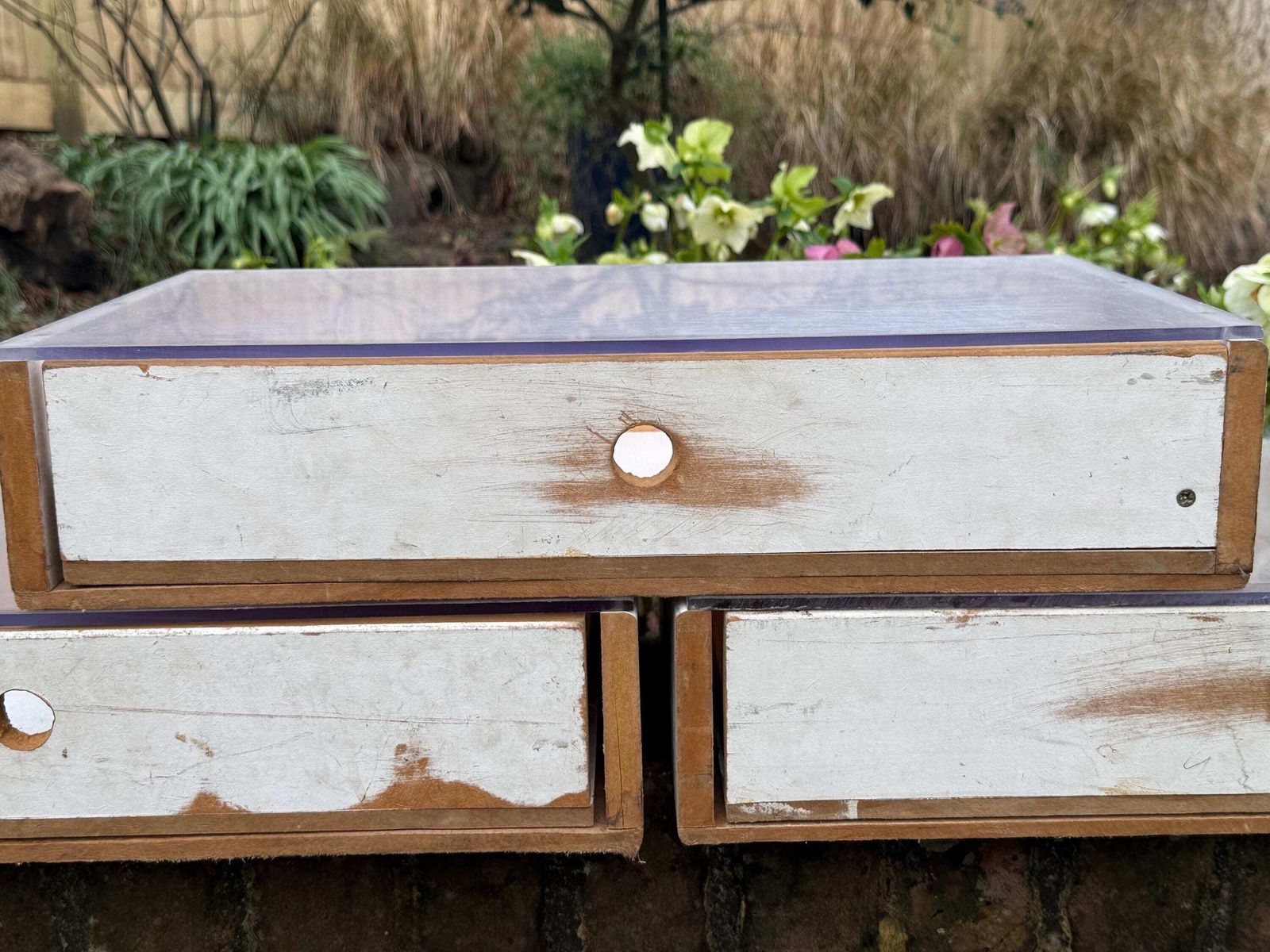 Large Vintage Utilitarian Industrial Wooden Drawer Display Units With Frosted Acrylic Tops, Circa 70s 80s photo 195.0