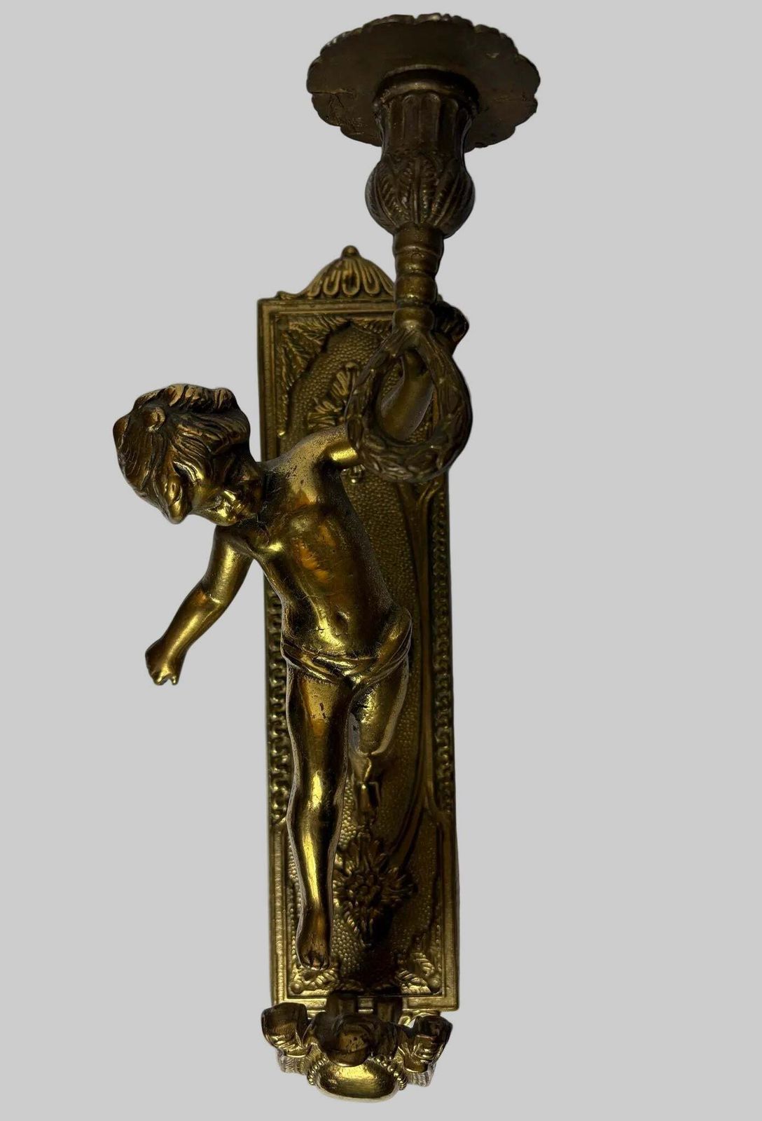 Pair Of Antique Gilt Brass Figural Wall Sconces / Candle Style Wall Lights (31cm) photo for sale