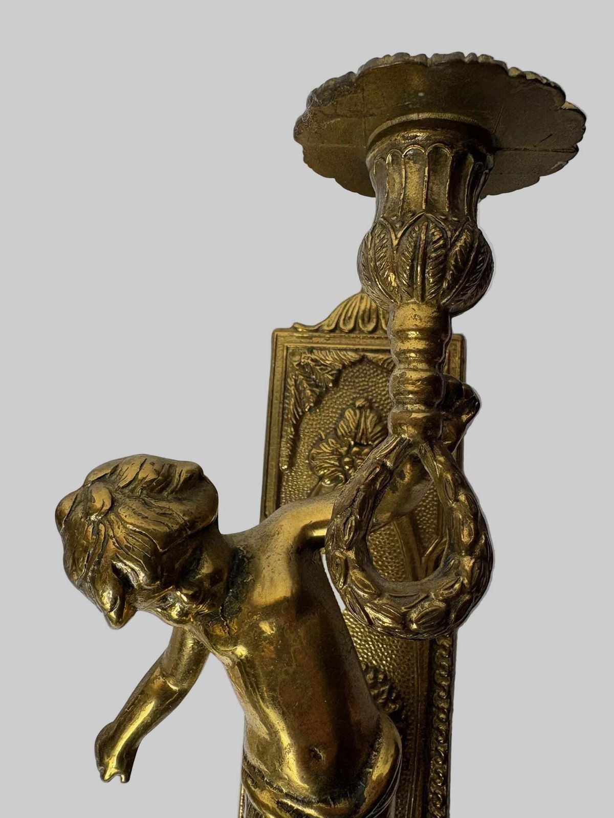 Pair Of Antique Gilt Brass Figural Wall Sconces / Candle Style Wall Lights (31cm) photo vinterior