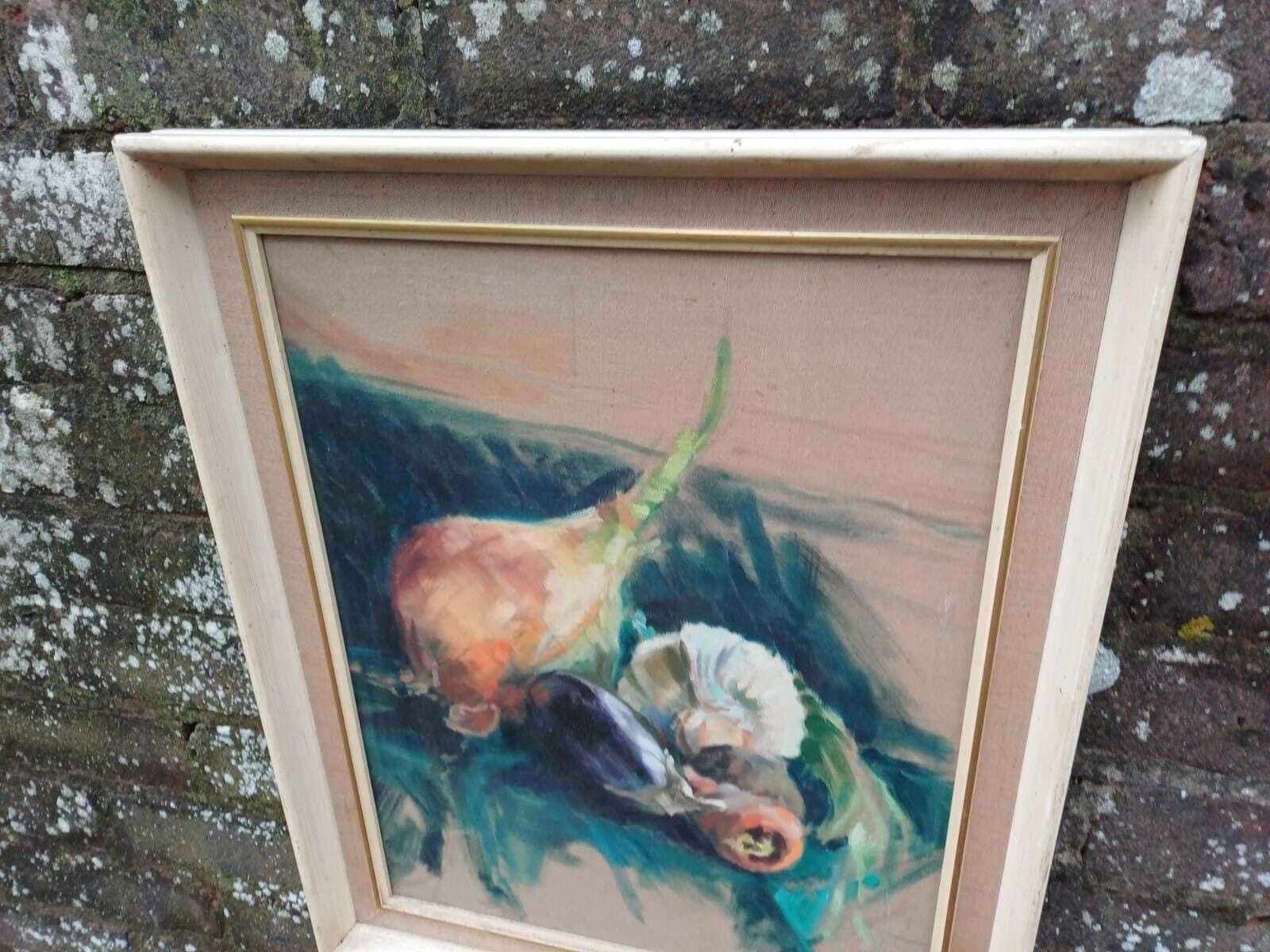 photo vintage Vintage Still Life Oil Painting Vegetables Kitchen Art Mid Century Modern Framed (44cm X 52cm)