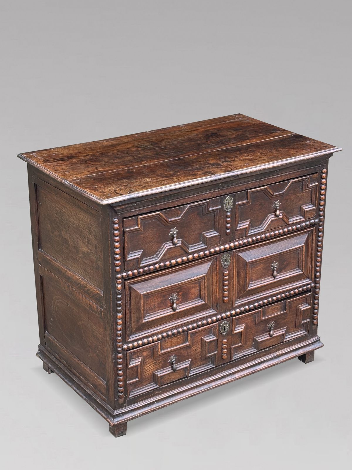 Furniture 17th Century Charles II Period Jacobean Oak Geometric Chest Of Drawers photo