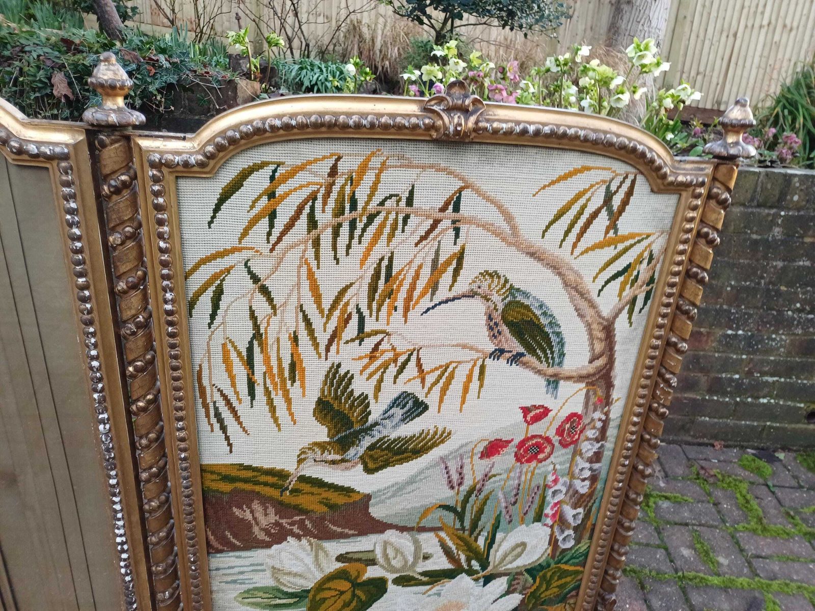 Huge Grand Ornate Antique Gold Gilt Kingfisher Tapestry Folding Fire Or Vintage Vanity Privacy Screen Curtain Castors photo vintage
