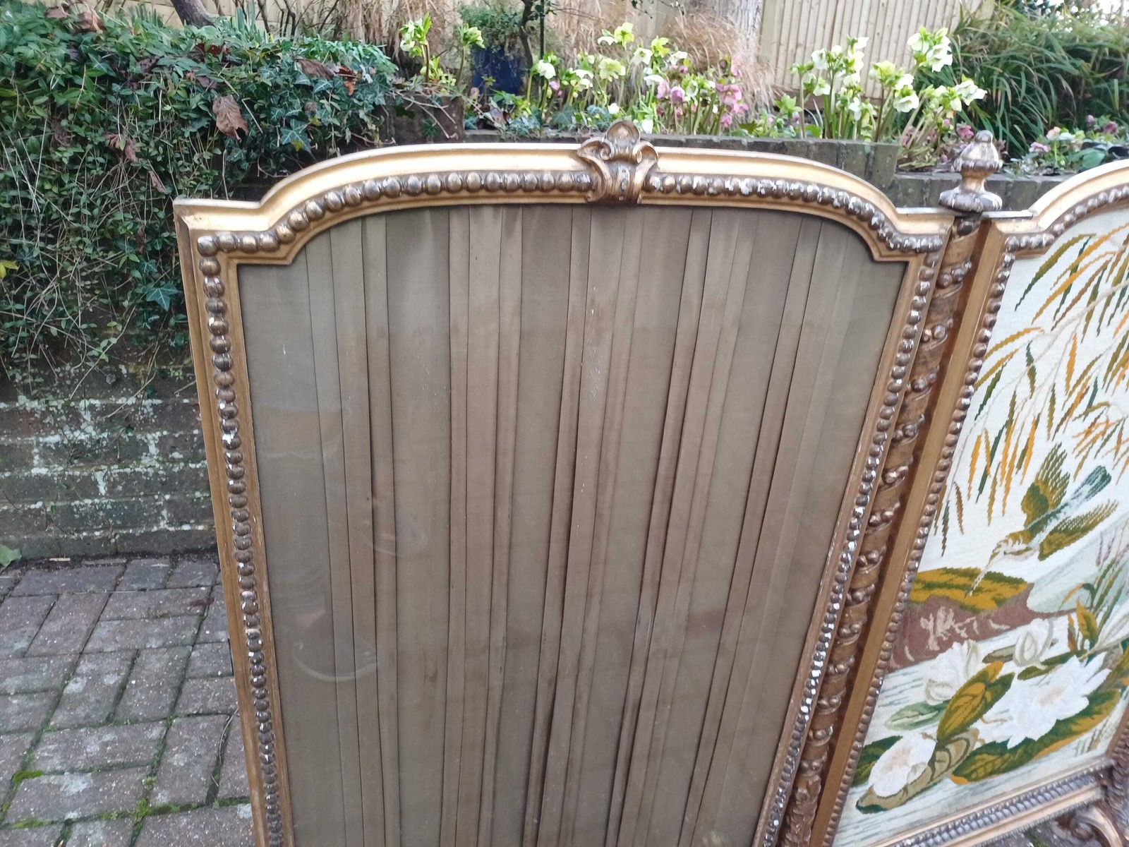 photo for sale Huge Grand Ornate Antique Gold Gilt Kingfisher Tapestry Folding Fire Or Vintage Vanity Privacy Screen Curtain Castors