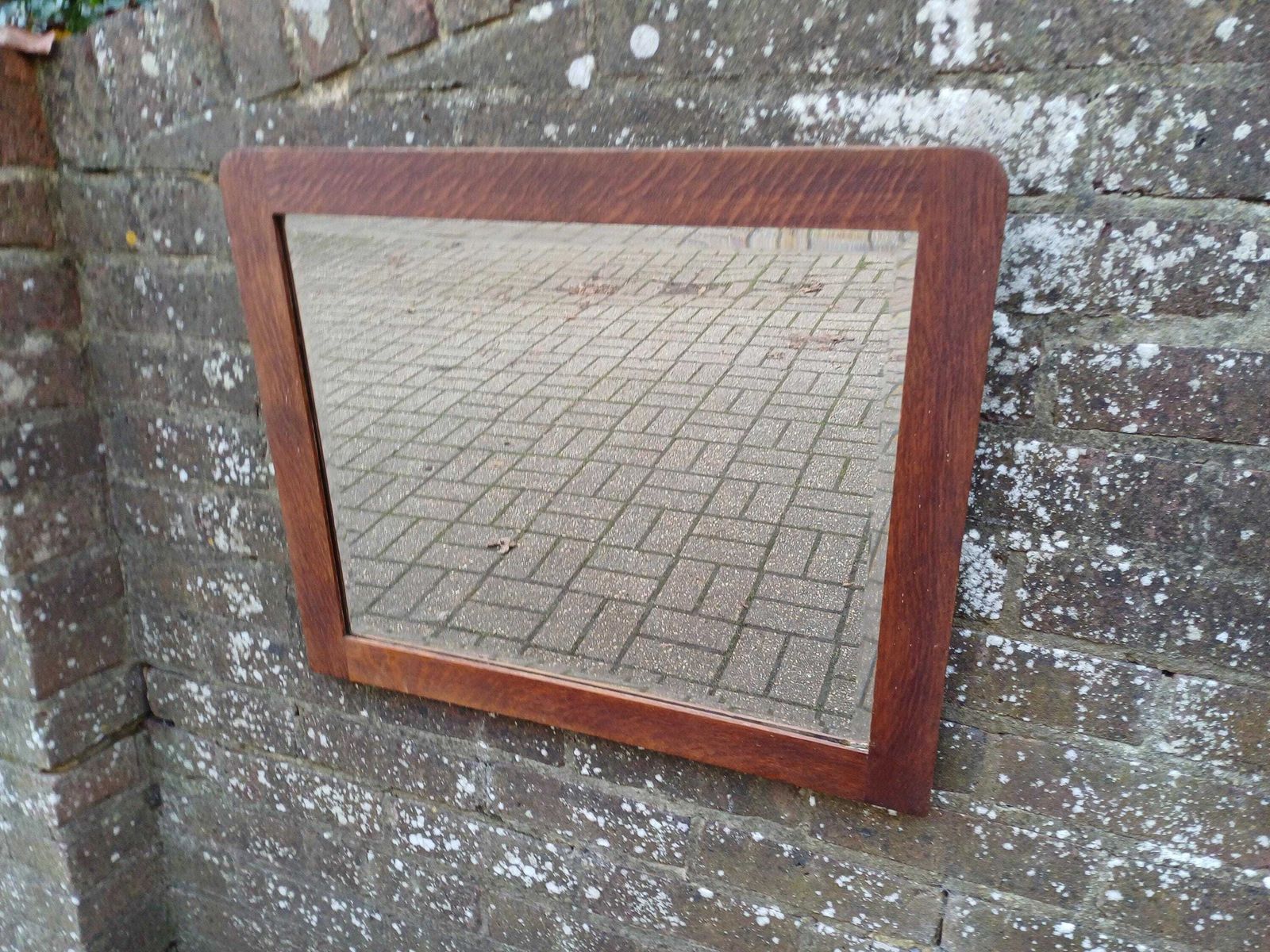 1930s Art Deco Solid Oak Wall Mirror With Original Bevelled Glass, Hand Stripped Finish, Ideal For Bedrooms Hallways Living Spaces