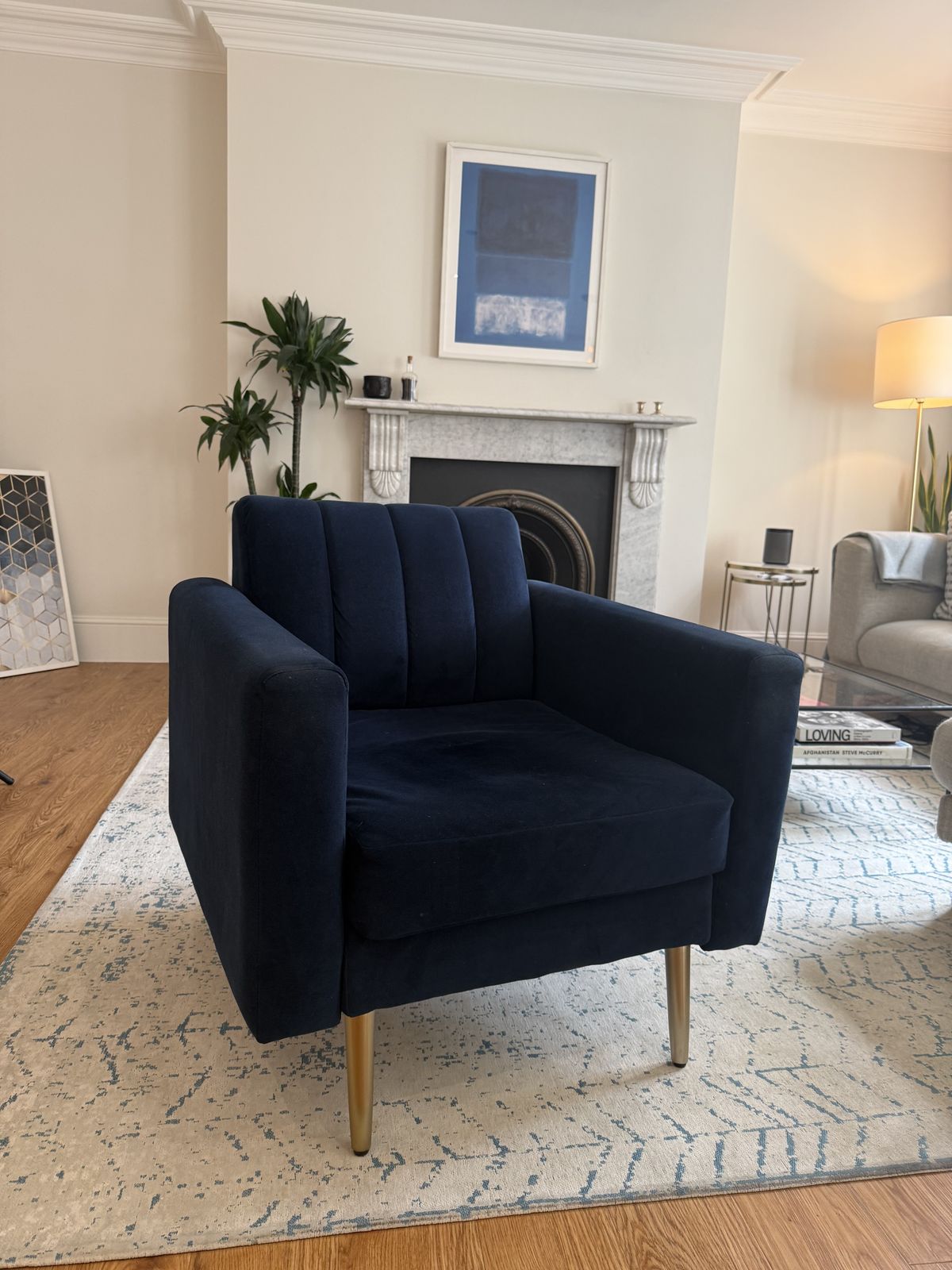 West Elm Navy Velvet Armchair – Mid Century Style photo furniture
