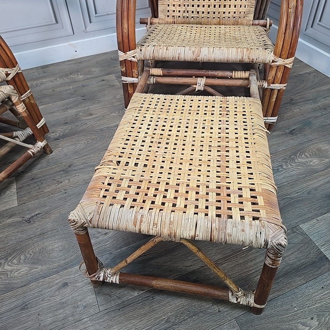 Vintage Lounge Chairs Pair 2 Rattan Sun  Mid Century – Retro Cane Recliner Set photo buy