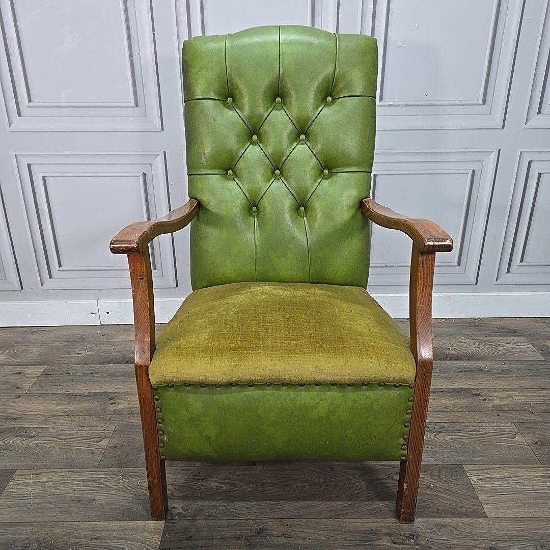 Antique Chesterfield Armchair Vintage Green  – Button Back Fabric Faux Leather photo 170.0