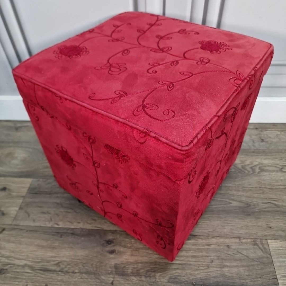 photo for sale Vintage Ottoman Footstool Red Storage Foot Rest – Lift Up Lid Pouffe Retro