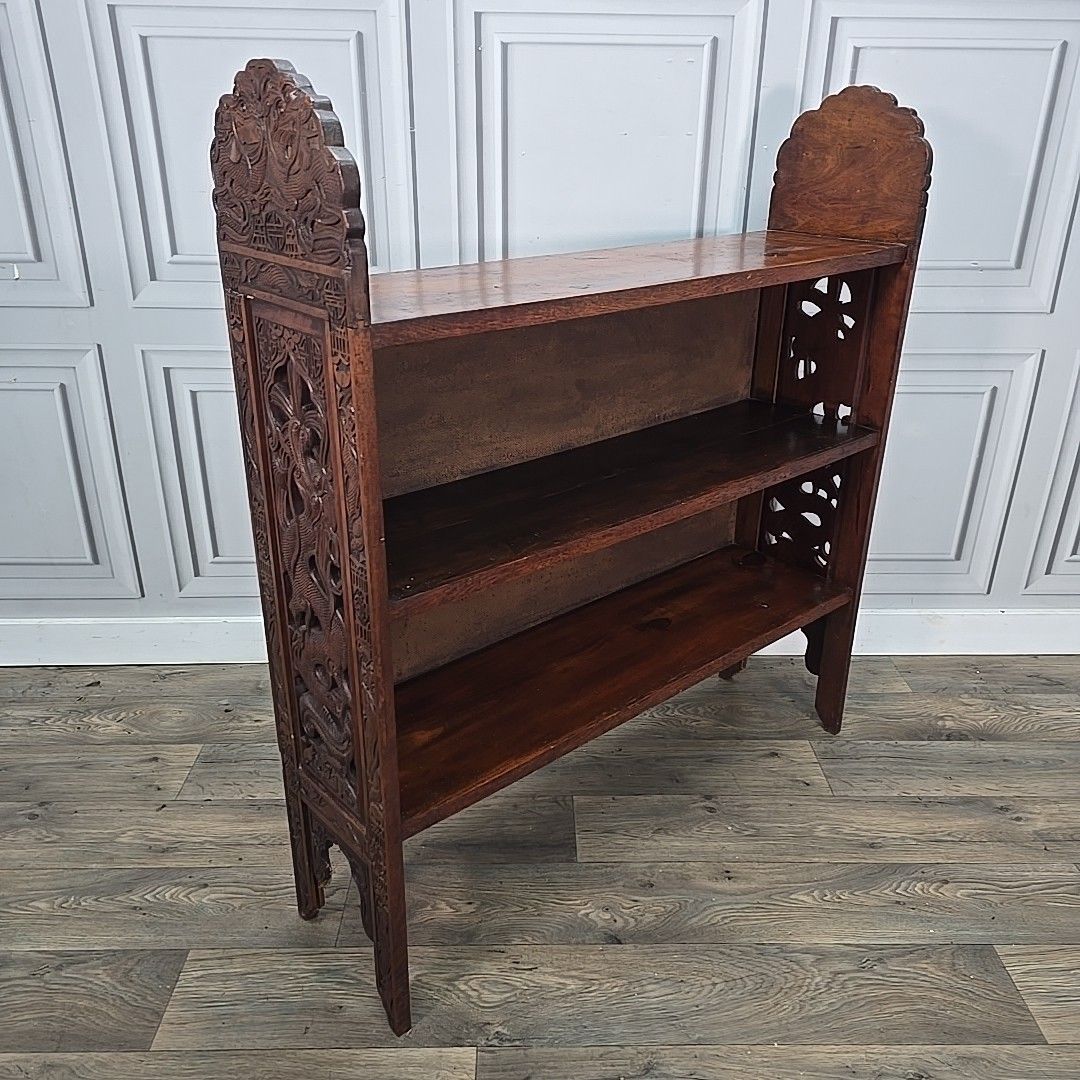 Antique Bookcase Shelves Carved Low Oriental Solid Wooden Display Shelving Unit photo Furniture
