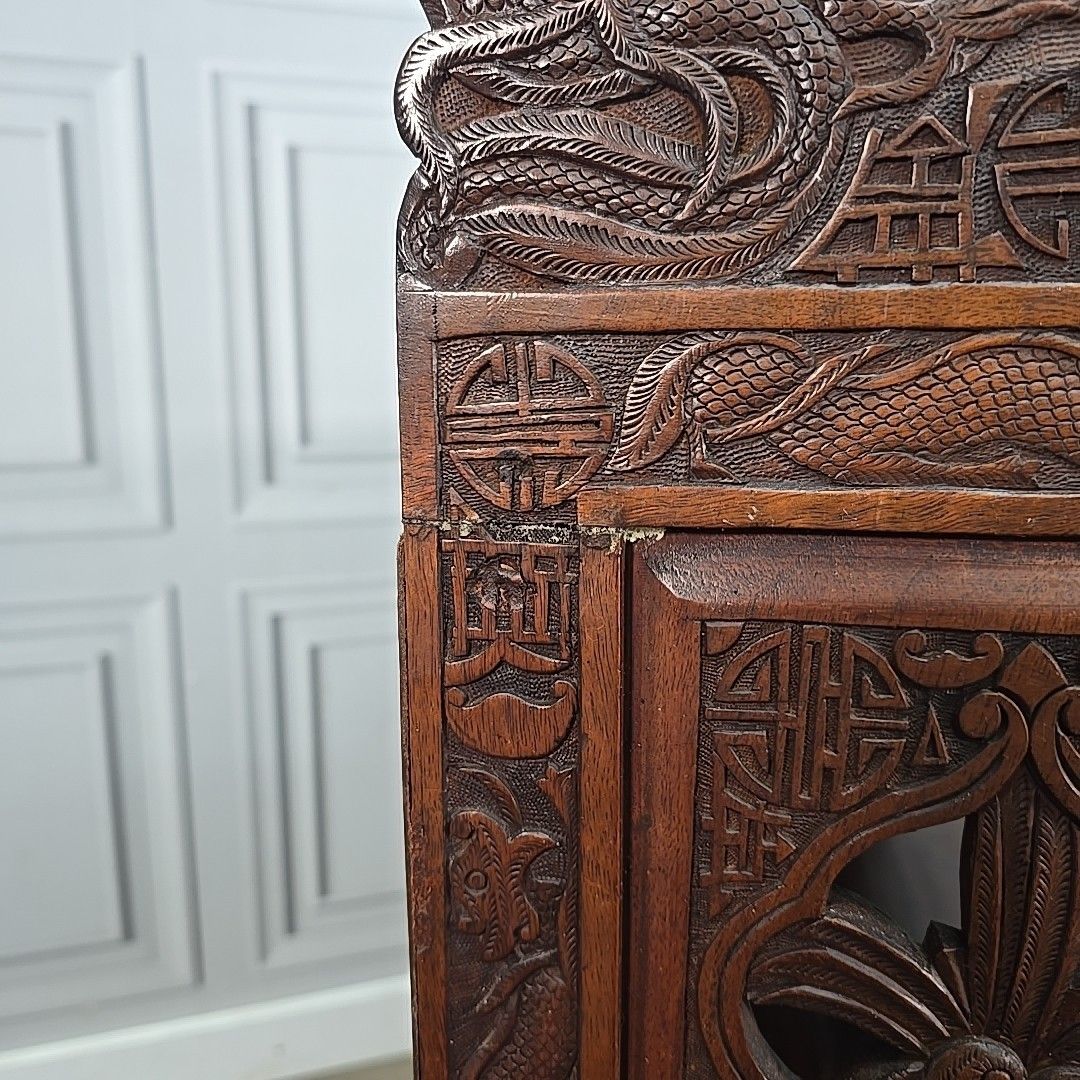 photo for sale Antique Bookcase Shelves Carved Low Oriental Solid Wooden Display Shelving Unit