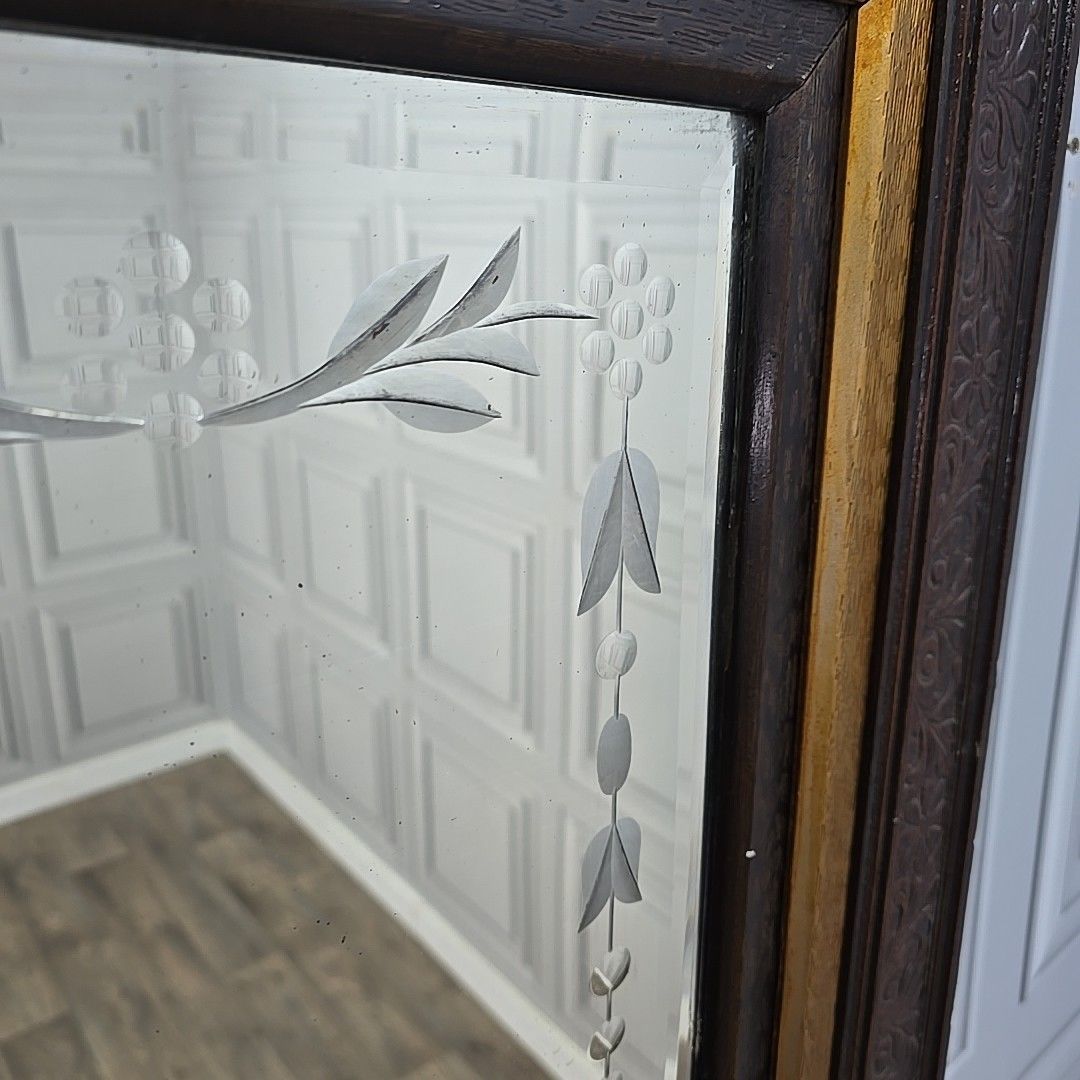 270.0 Antique Wall Mirror Carved Oak Frame – Bevelled & Etched Reverse Painted Glass photo