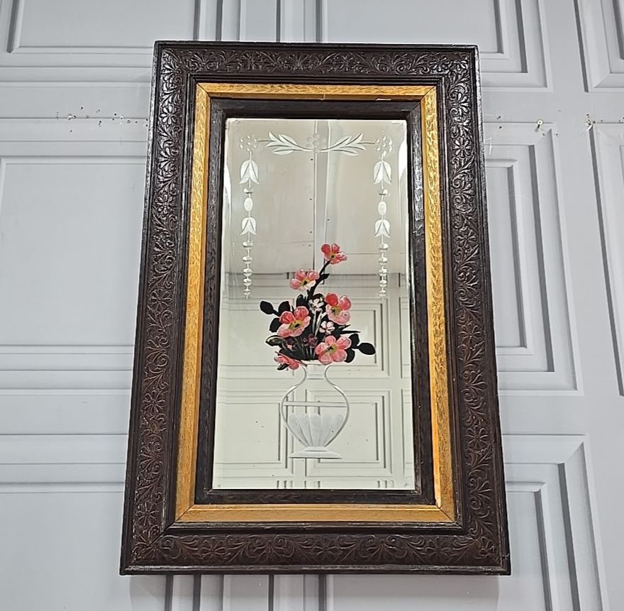 photo buy Antique Wall Mirror Carved Oak Frame – Bevelled & Etched Reverse Painted Glass