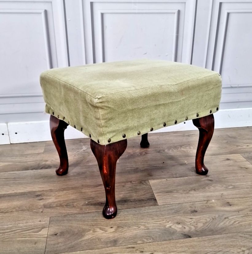 Vintage Small Footstool – Upholstered Top Queen Anne Style Foot Rest Antique