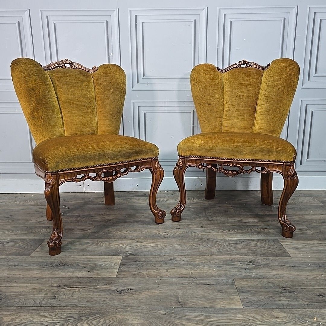 Antique Style Slipper Chairs Pair 2 Carved – Queen Anne Revival – Upholstered photo furniture