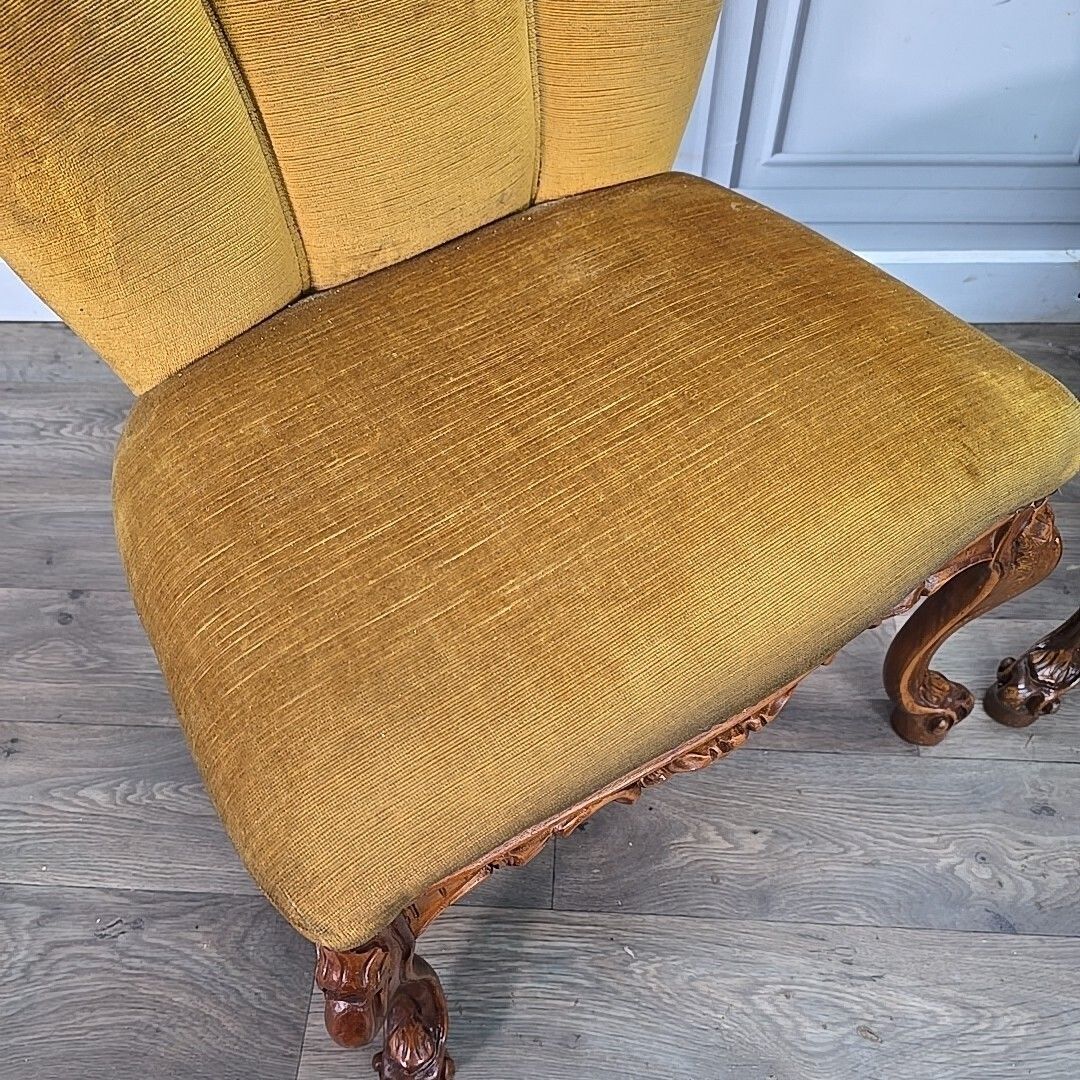 Antique Style Slipper Chairs Pair 2 Carved – Queen Anne Revival – Upholstered photo Furniture