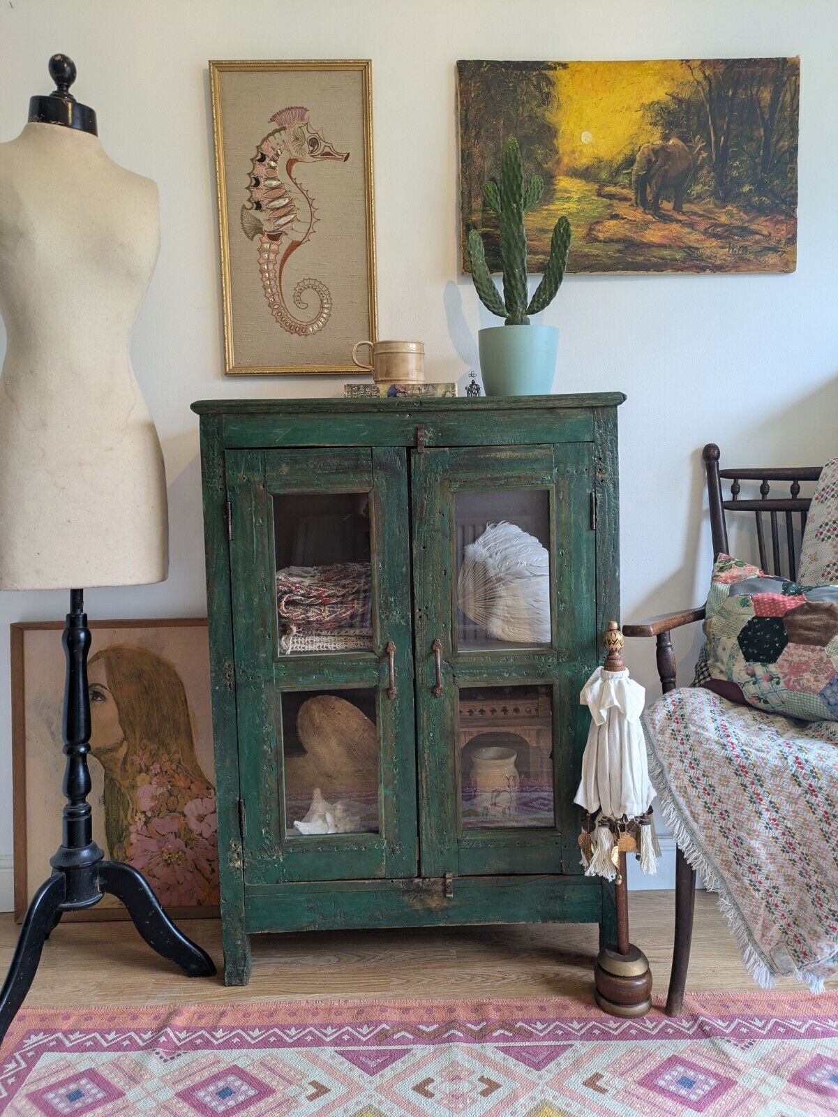 Restored Antique Vintage Indian Cabinet Cupboard Painted Glazed Reclaimed Green photo furniture