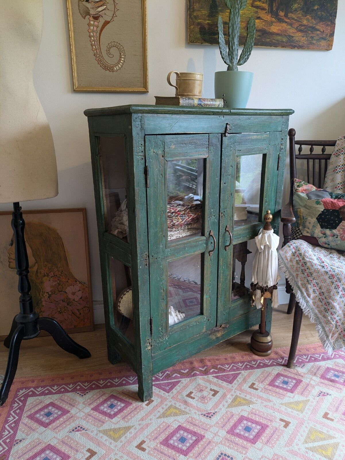 photo for sale Restored Antique Vintage Indian Cabinet Cupboard Painted Glazed Reclaimed Green