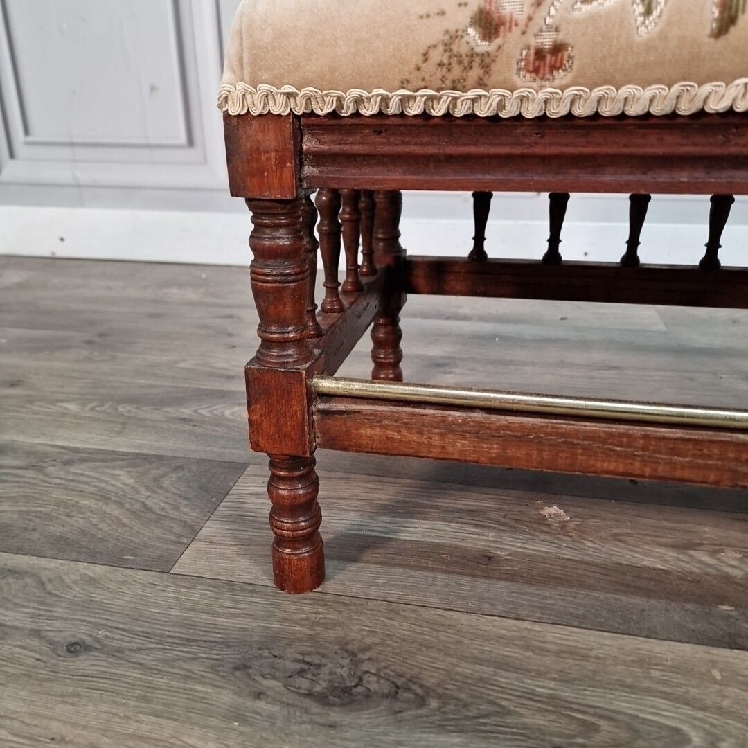 Antique Upholstered Footstool Solid Wooden Turned Legs Floral Top Vintage photo buy