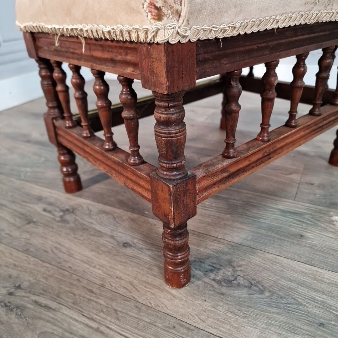 Furniture Antique Upholstered Footstool Solid Wooden Turned Legs Floral Top Vintage photo