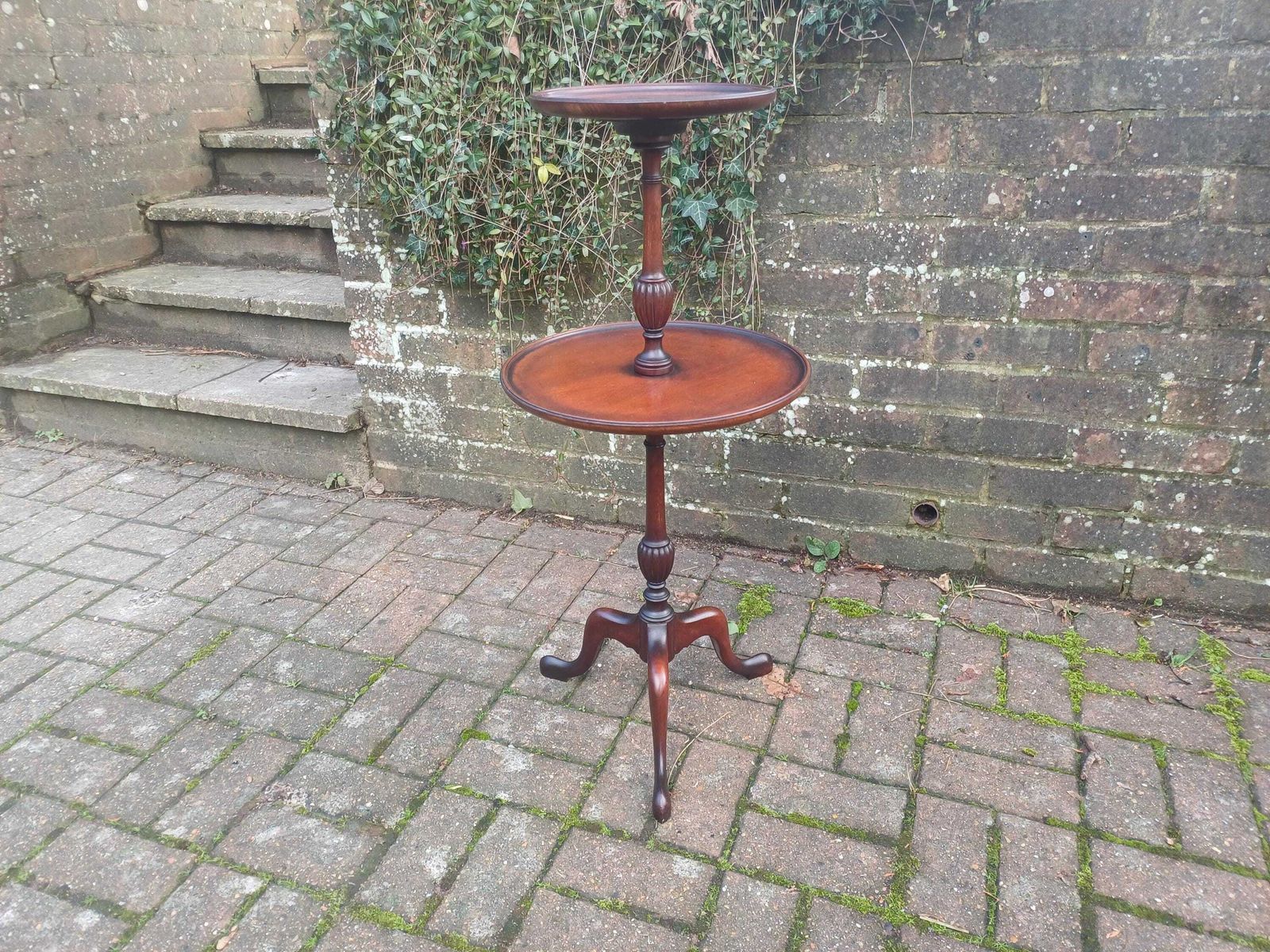photo furniture Vintage Mahogany Lazy Susan Wine Table Rotating Two Tier Side Table Solid Wood Tripod Base Fluted Column Occasional Table Free Hand Delivery