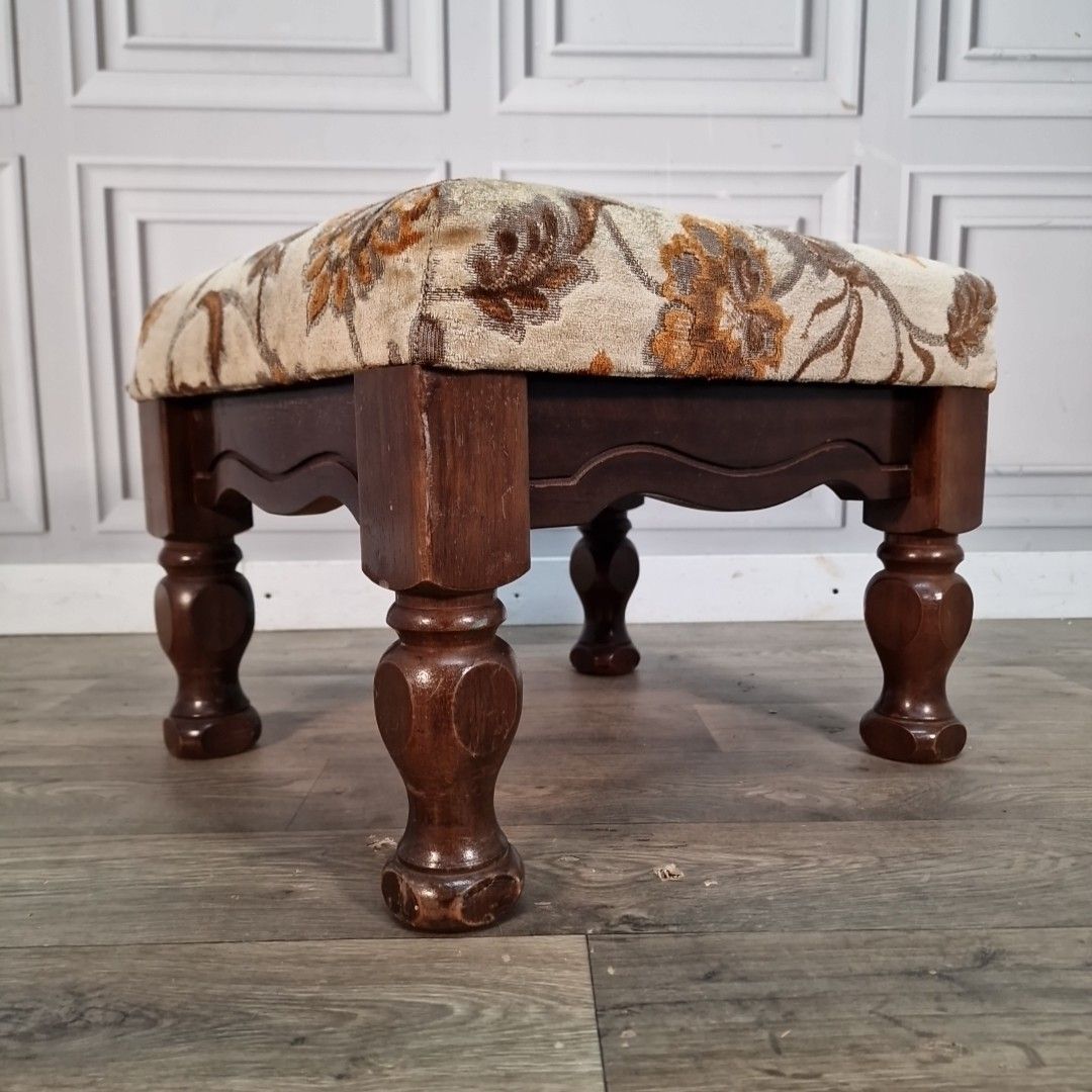 Vintage Upholstered Footstool Solid Wood Turned Legs Floral Fabric Top Feet Rest